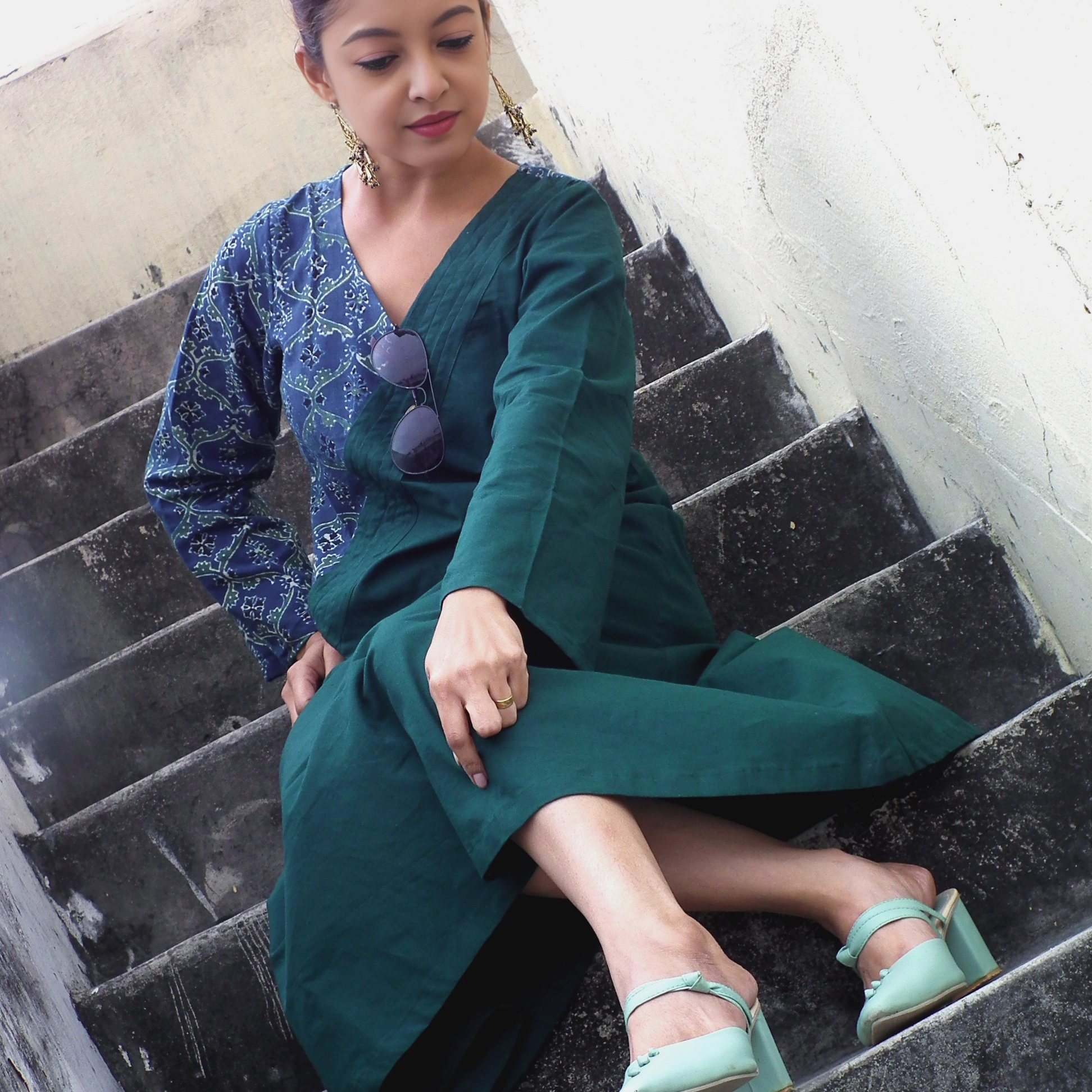 ABASHA - Free Flow Sleeve and Neck Line Ajrakh block Printed highlighted Maxi Dress.