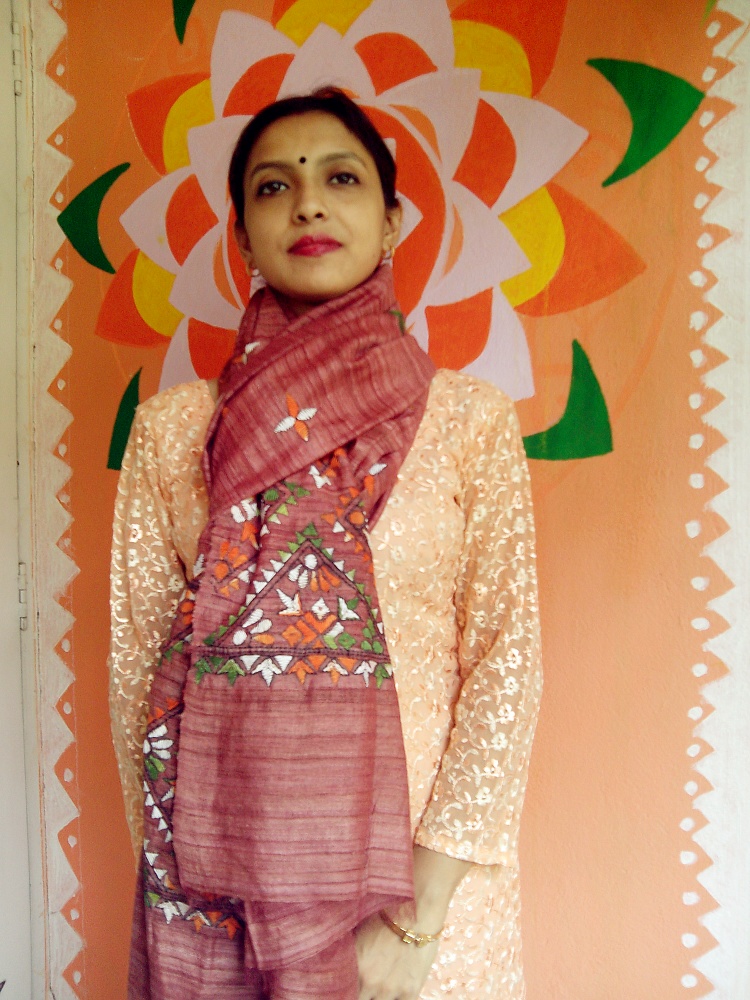 Brazen Pink - Bengal Nakshi Kantha Embroidered Tussar Gicha Silk Handloom Duppatta.
