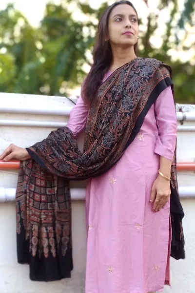 Nazuk- Rust Brown & Black Ajrakh-printed Premium Modal Silk Dupatta --Sustainably Fashionable.