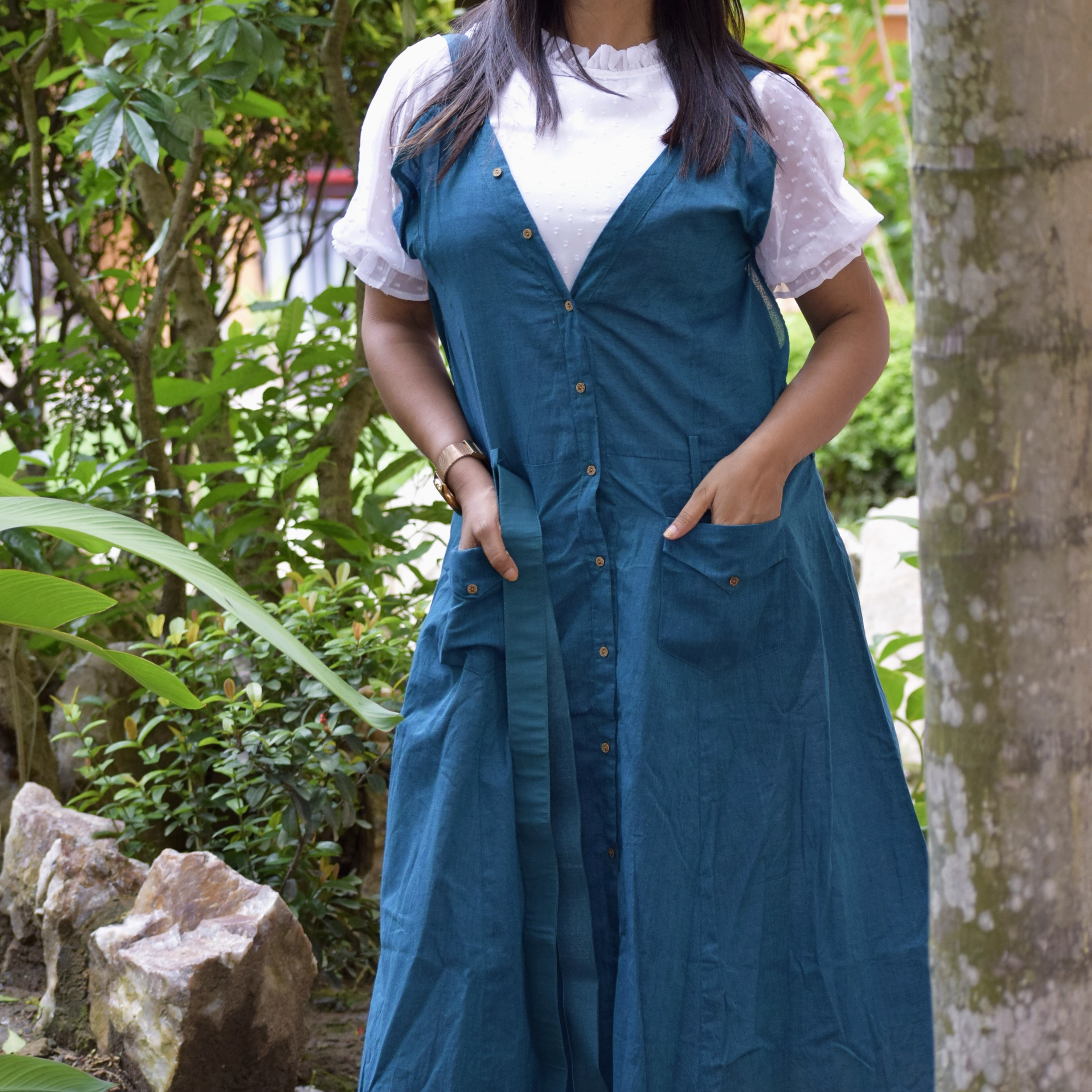 VALENTINE FLAME II - V-Neck, Button Front Closure, Flared Cotton Summer Dress