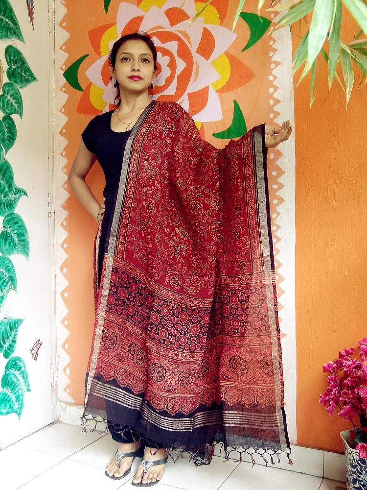 Gulshaan -Muze Red Ajrakh-printed Linen Dupatta With Zari Border --Your Must have Accessory.