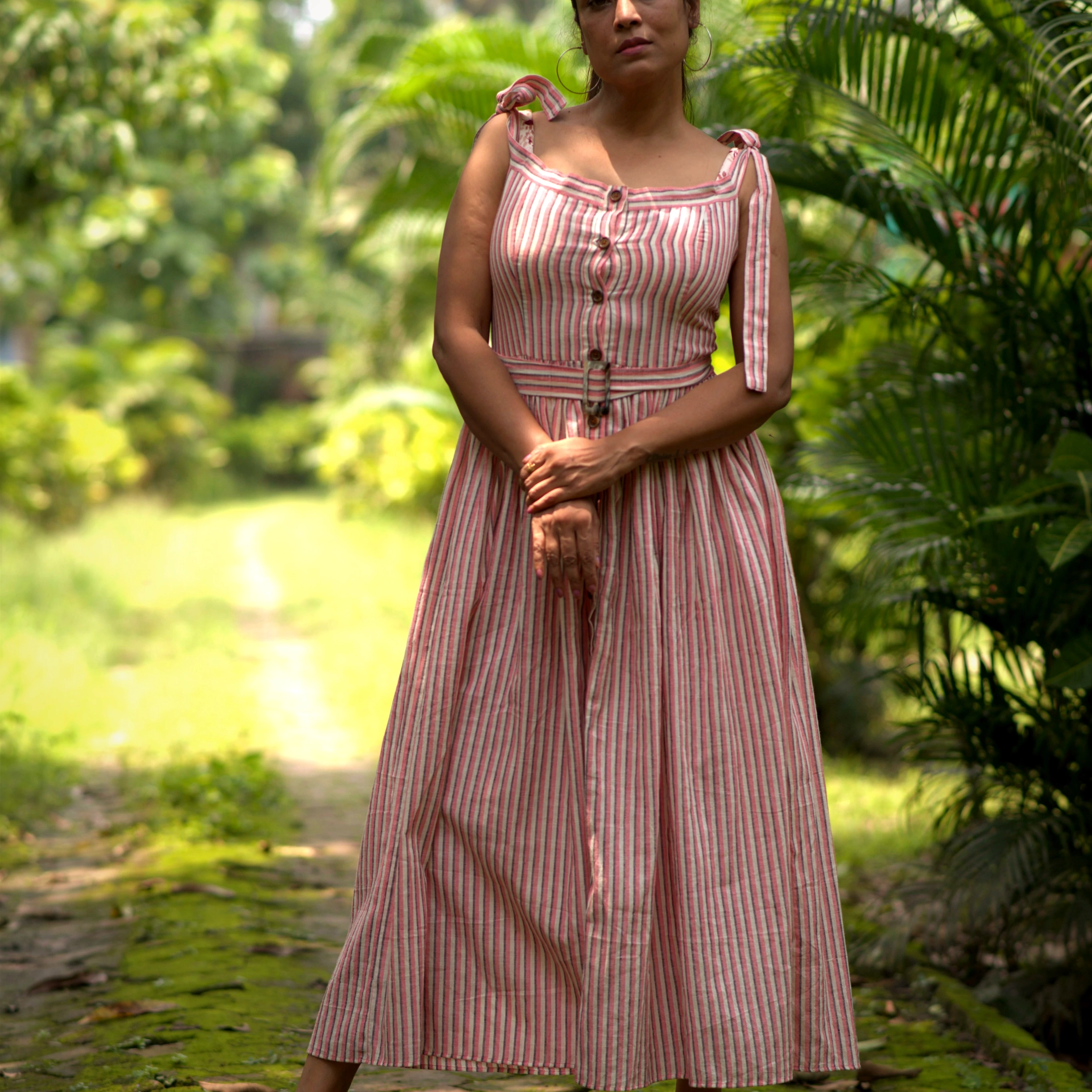 AMARA'S GRACE~Striped Sleeveless Dress with Belted Waist, Shoulder Tie Ups Casual Party Wear .