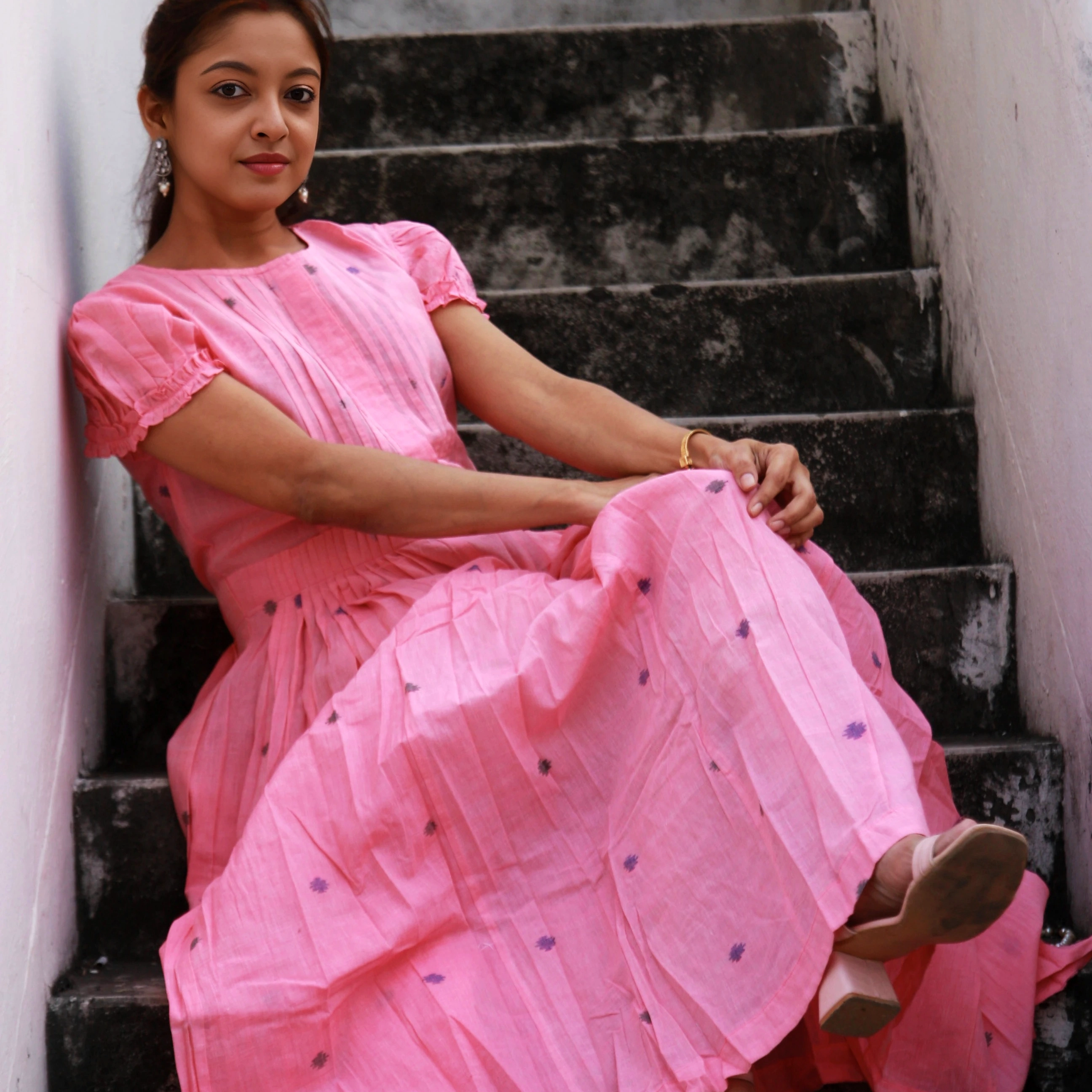 DAMSEL'S JOY II - Puff Ruffle Sleeved,Front Buttoned  Indo Western Flared Summer Dress.