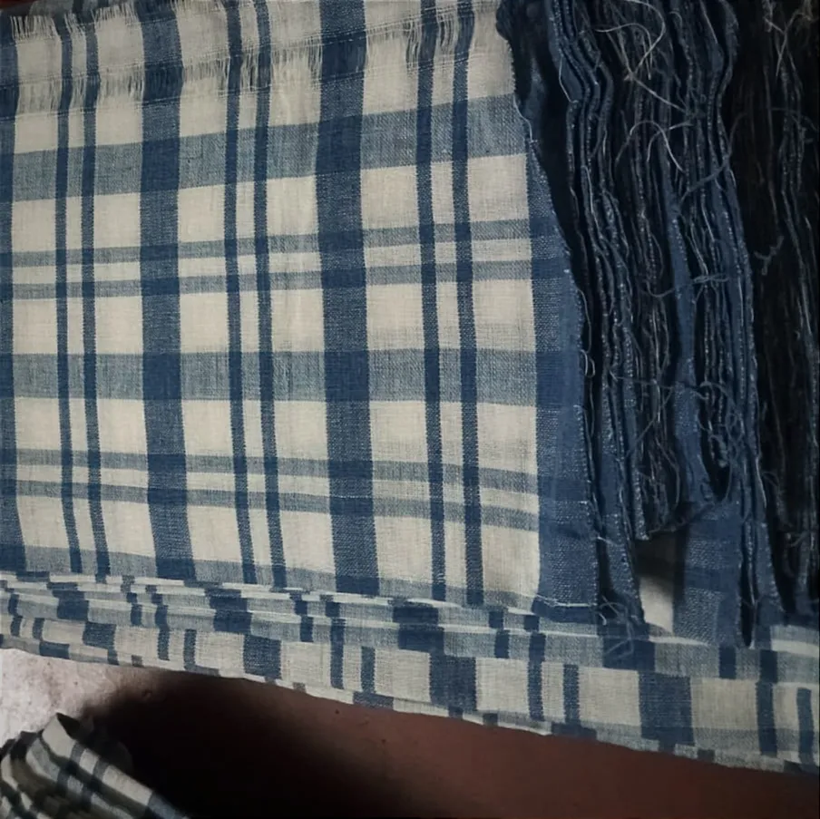 Thin & Broad Square Checks Natural Indigo Dyed Hand-Woven Cotton  Fabric - [2.5Mtrs]