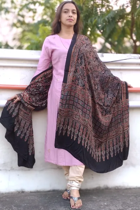 Nazuk- Rust Brown & Black Ajrakh-printed Premium Modal Silk Dupatta --Sustainably Fashionable.