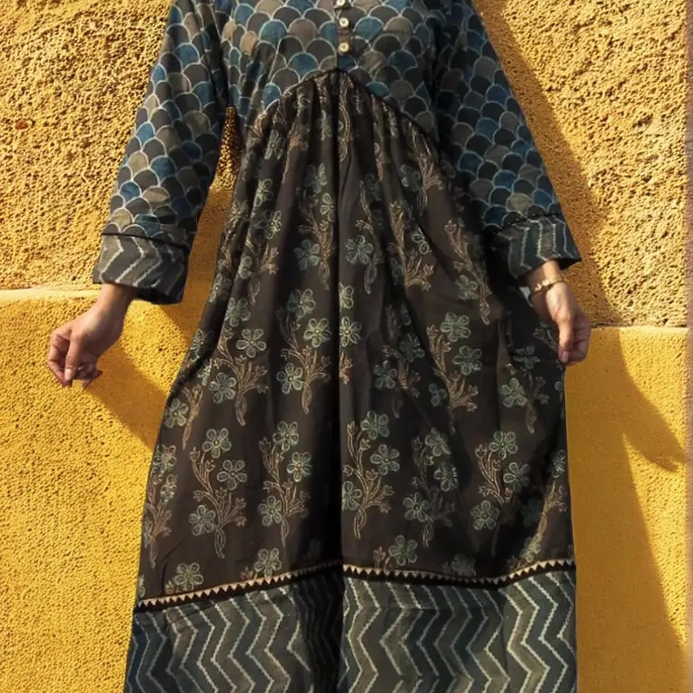 JAKAR -  Frilled & Pleated ,V Neck Three Quarter Sleeves Ajrakh-printed Maxi  Dress.