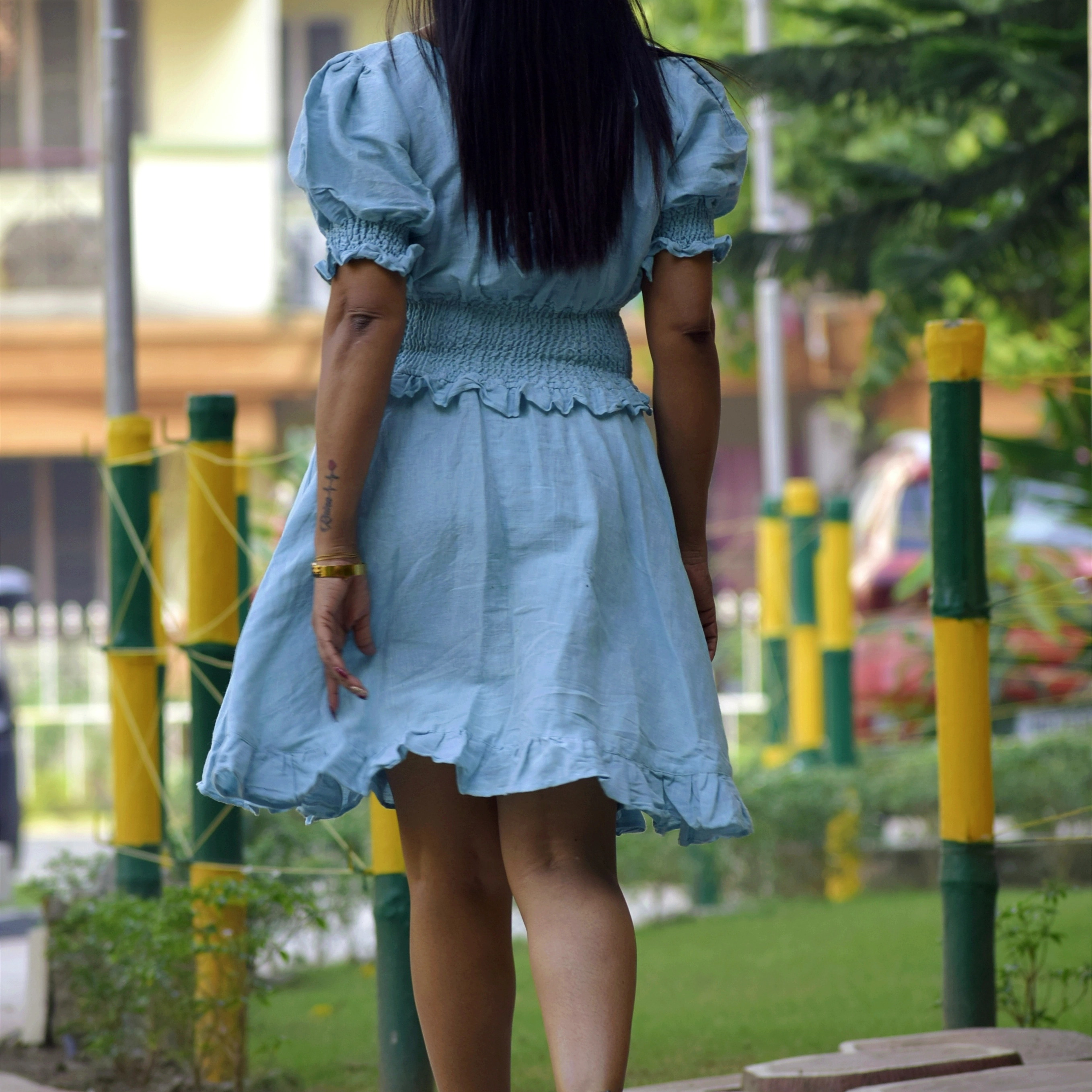 ARCTIC ICE - Ruched Waist Side Ruffle, Puff-Sleeve flirty Midi Dress.