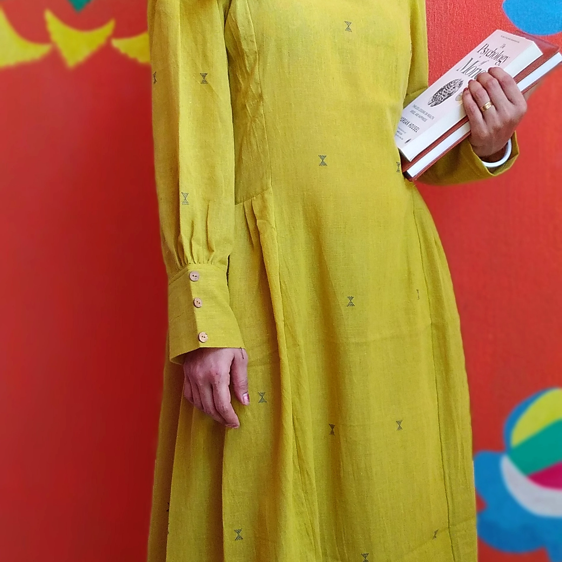 MONOLOGUE - Chrome Yellow -Pleated Round-Neck ,long Sleeved,Fit & Flare Dress