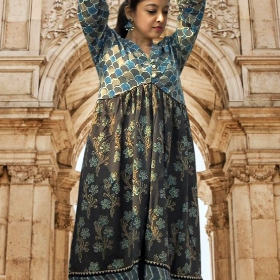 JAKAR -  Frilled & Pleated ,V Neck Three Quarter Sleeves Ajrakh-printed Maxi  Dress.