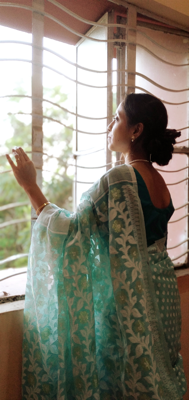 SUBHRA- Premium HandWovenQuality Muslin Cotton Jamdani Saree in Ice Blue tone with off White Thread & Zari Work.