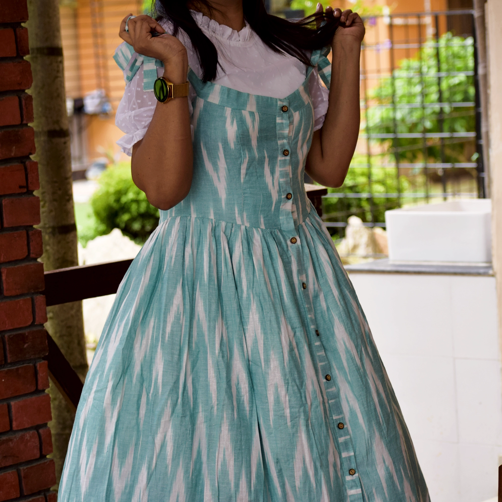 AMARA'S GRACE ll ~Ikkat Pattern Sleeveless Dress with Belted Waist,shoulder Tie Knot Casual Party Wear .