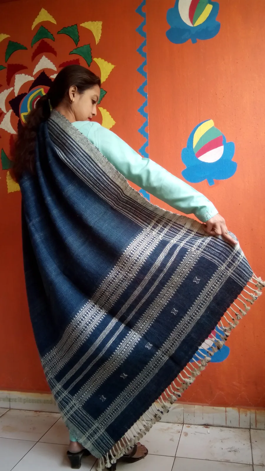 Deserts of Rann- Warmth of Desert. | Bhujodi Handwoven Desi Sheep Wool Shawl - Deep Indigo Blue.