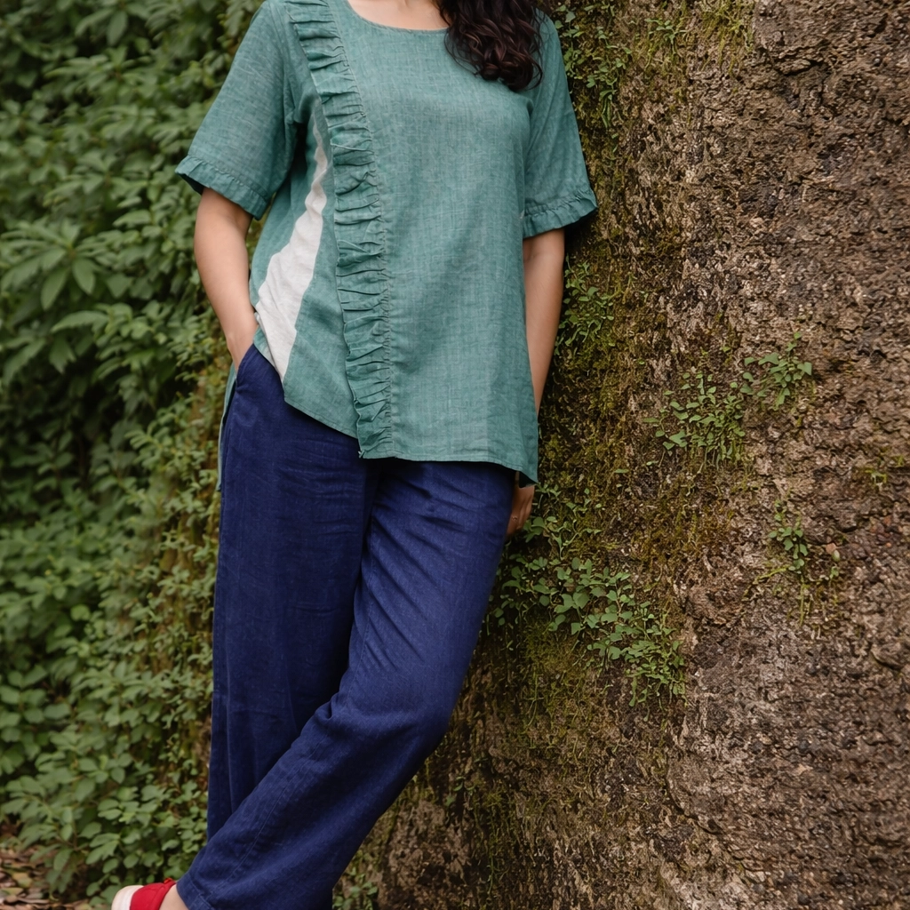 GREEN TRAILS -Side Frilled,Sleeves pleated Shallow Neck Top in Mint Green.