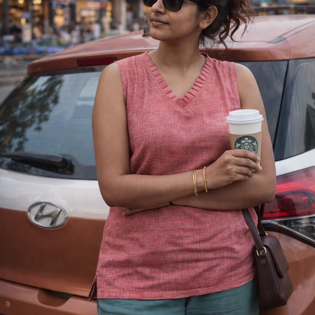 CANDY FLOSS - Peplum Hem Fitted pleated V Neck Sleeveless Top in Haze Red.