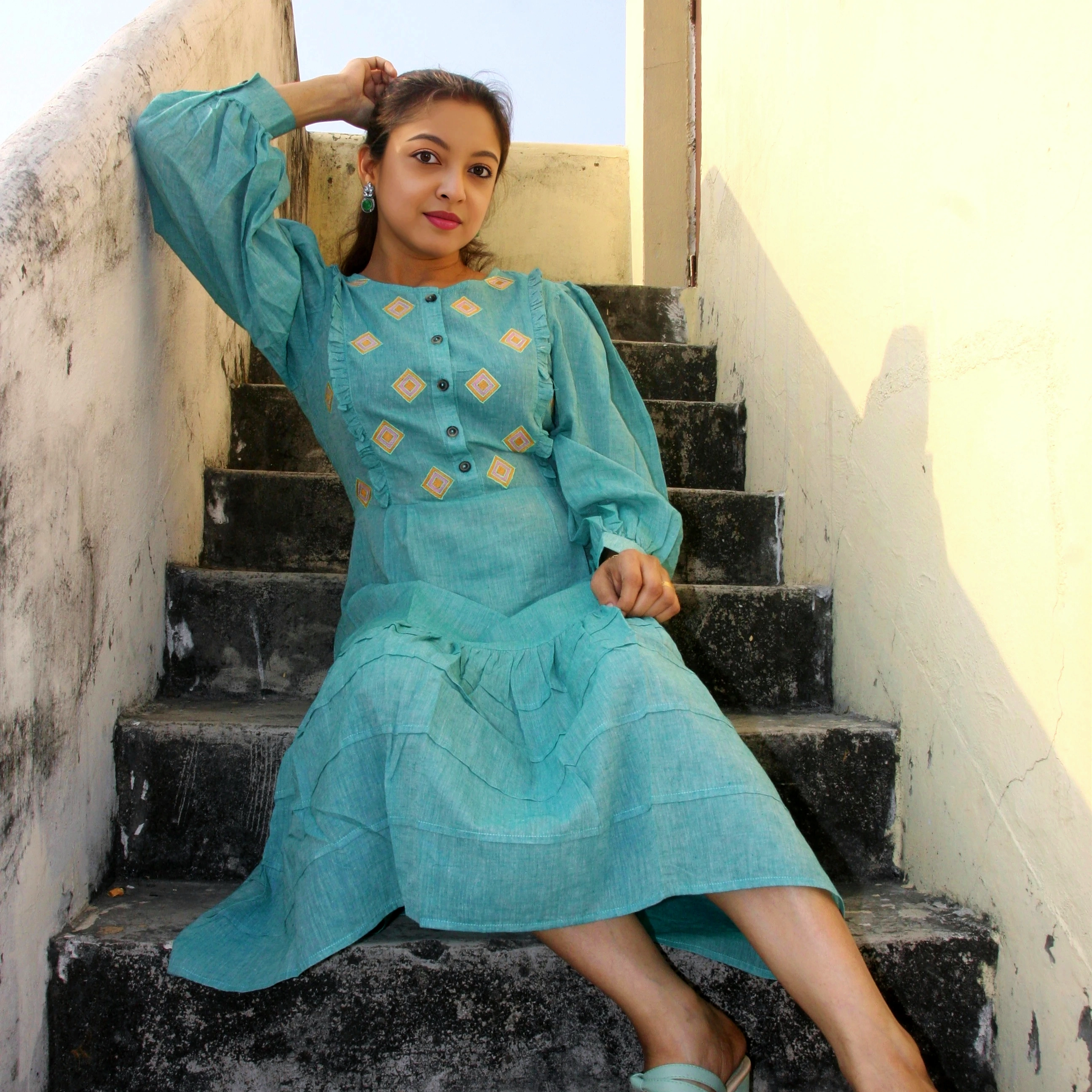 COASTLINE - Emerald Green Round Neck Embroidered Full Sleeved Tiered A-Line Dress.