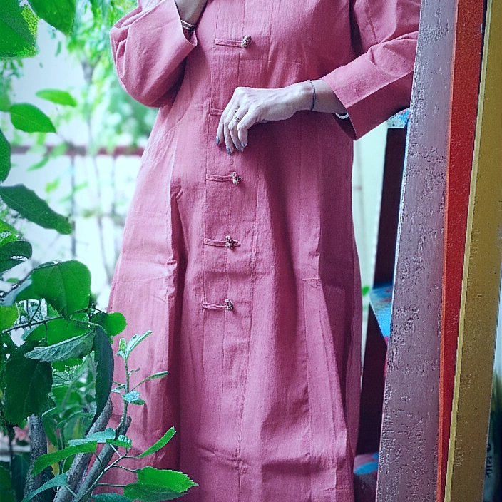 KAIZEN ll ~ Round Mandarin Collar Front Button Down Three Quarter Sleeves flared bottom ankle Length Maxi Dress with pockets.