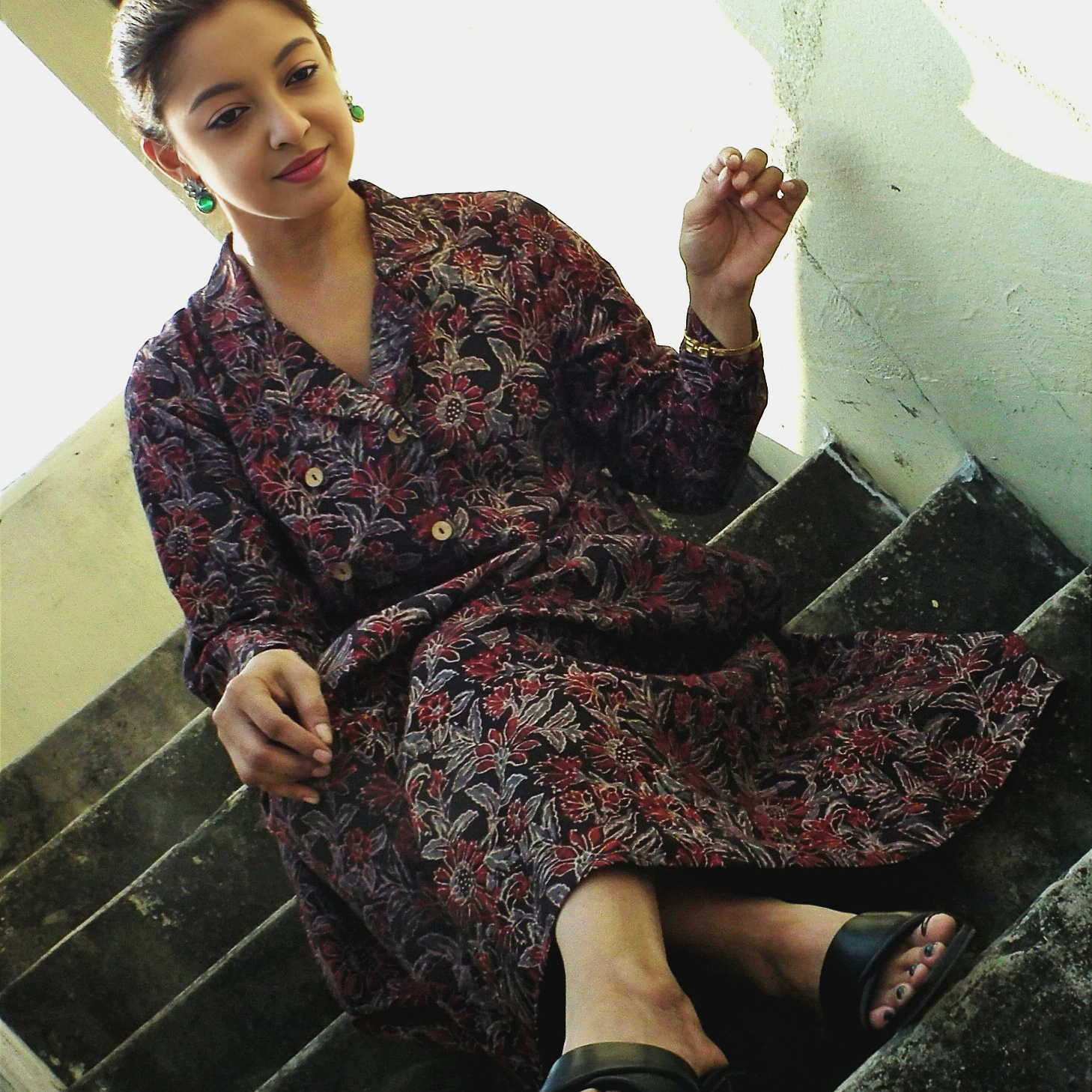 MAUI- Floral Ajrakh handblock printed Lantern Sleeves warm Chocolate Collared A Line Dress.