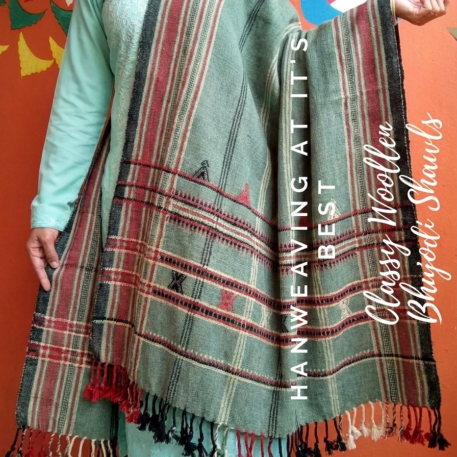 Silence of Desert - Kutch | Bhujodi Handwoven Desi Sheep Wool Shawl -Calm Green.
