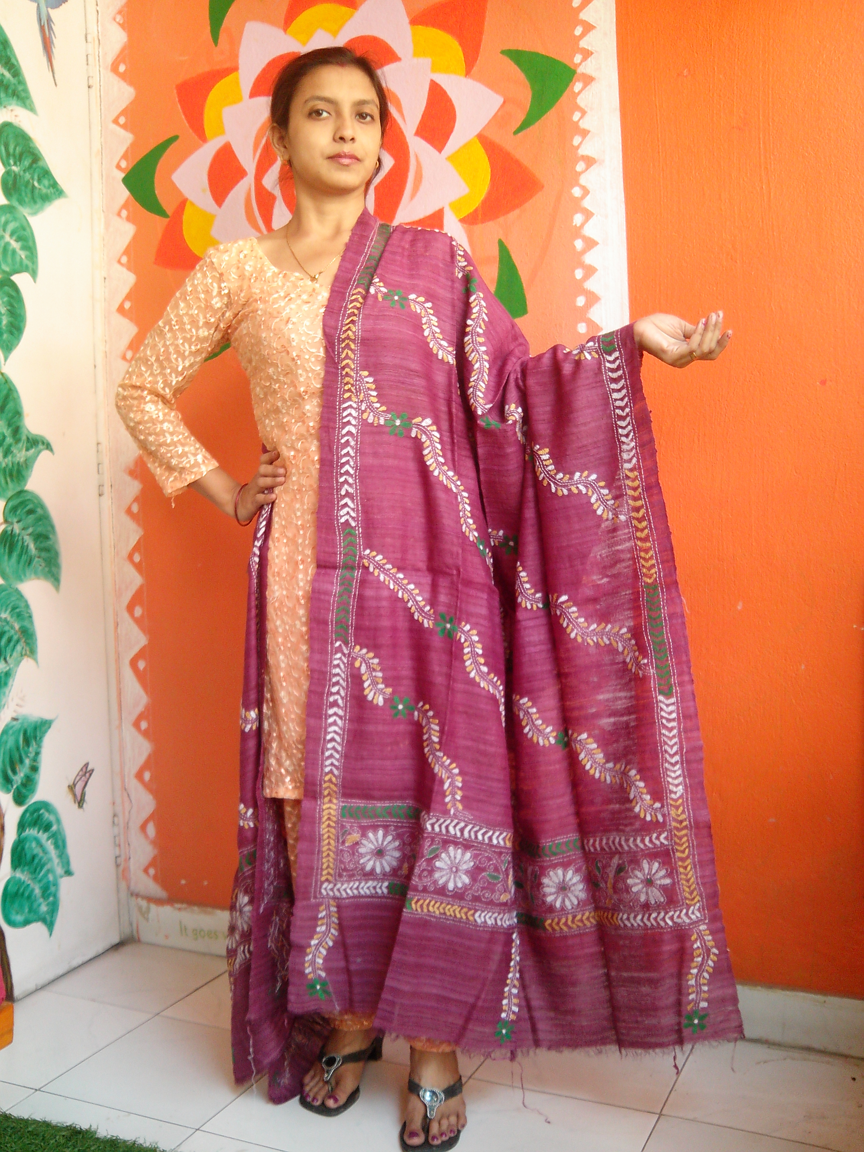 Ruby Red - Bengal Nakshi Kantha Embroidered Tussar Gicha Silk Handloom Duppatta.