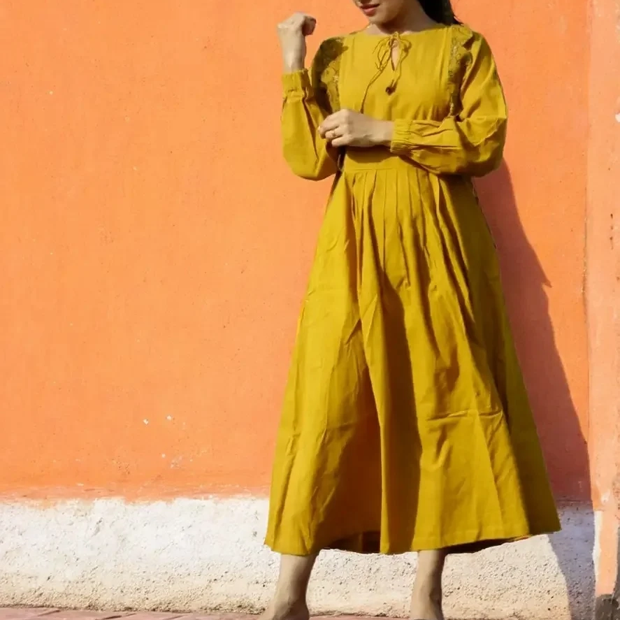 MYKONOS -Smart fit,lantern Sleeves Chrome Yellow Cotton Ajrakh Printed Dress with round Stringed Neck, perfect for a beautiful vacation.