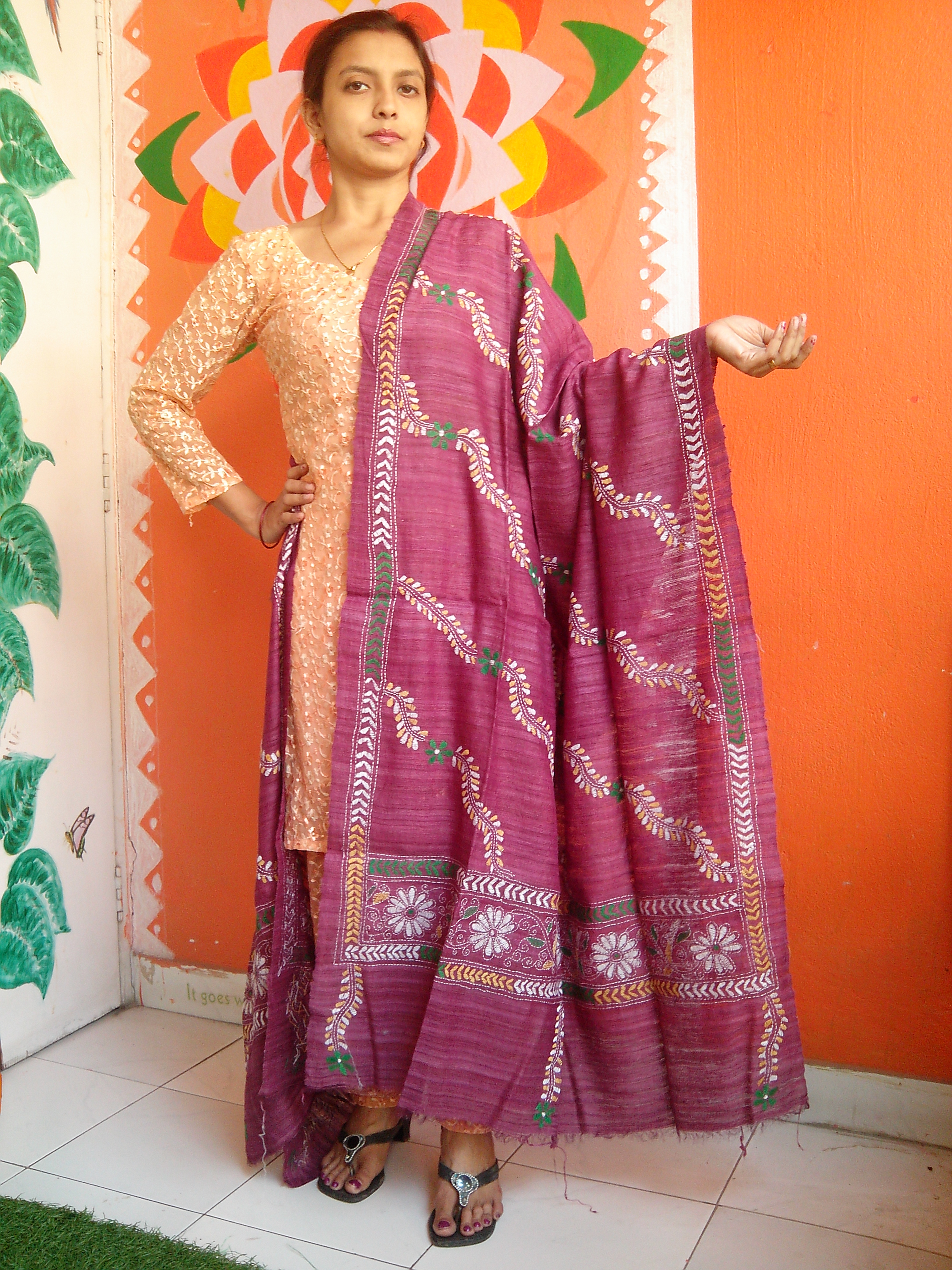 Ruby Red - Bengal Nakshi Kantha Embroidered Tussar Gicha Silk Handloom Duppatta.