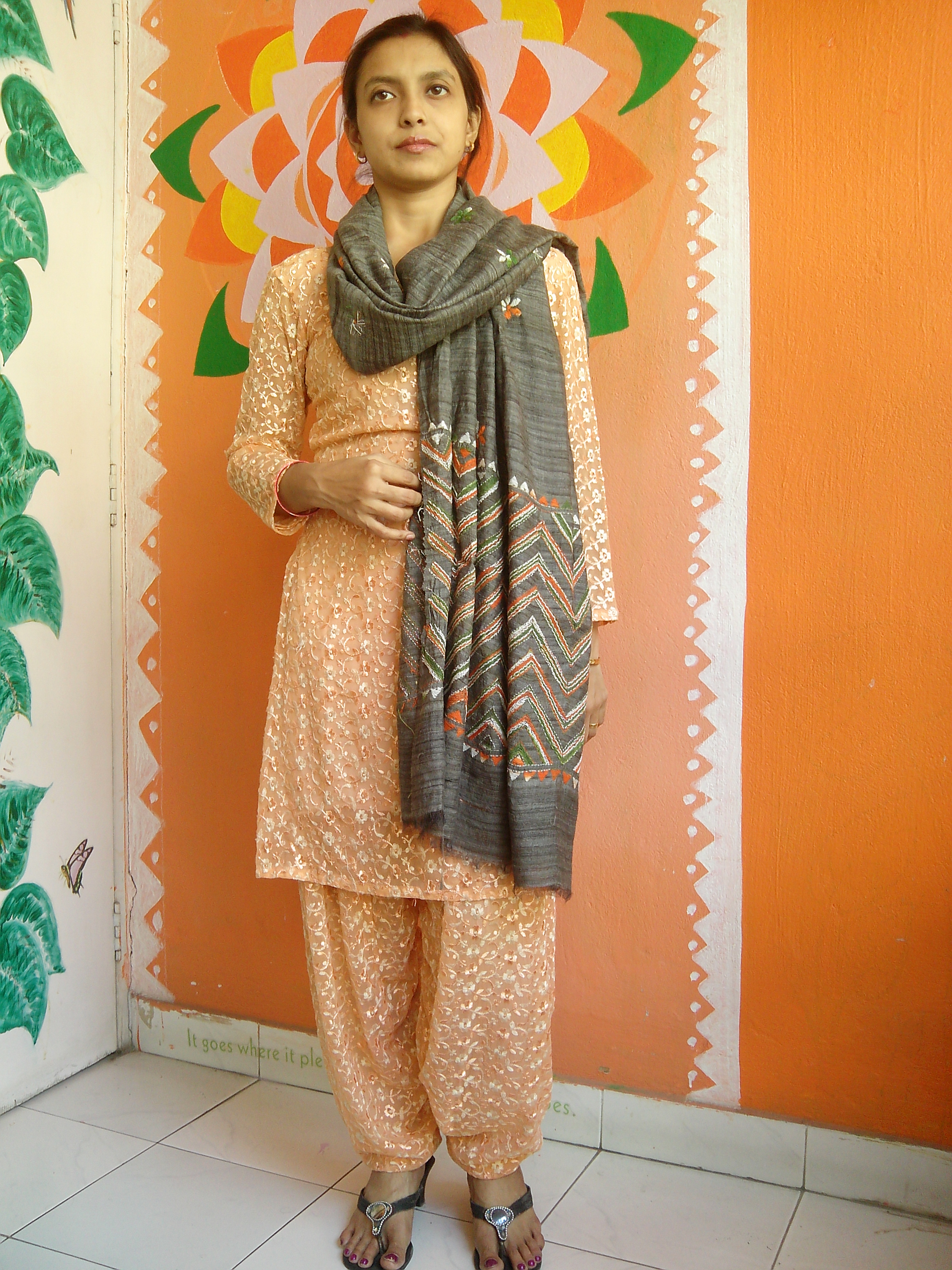 Graphite Grey - Bengal Nakshi Kantha Embroidered Tussar Gicha Silk Handloom Duppatta.