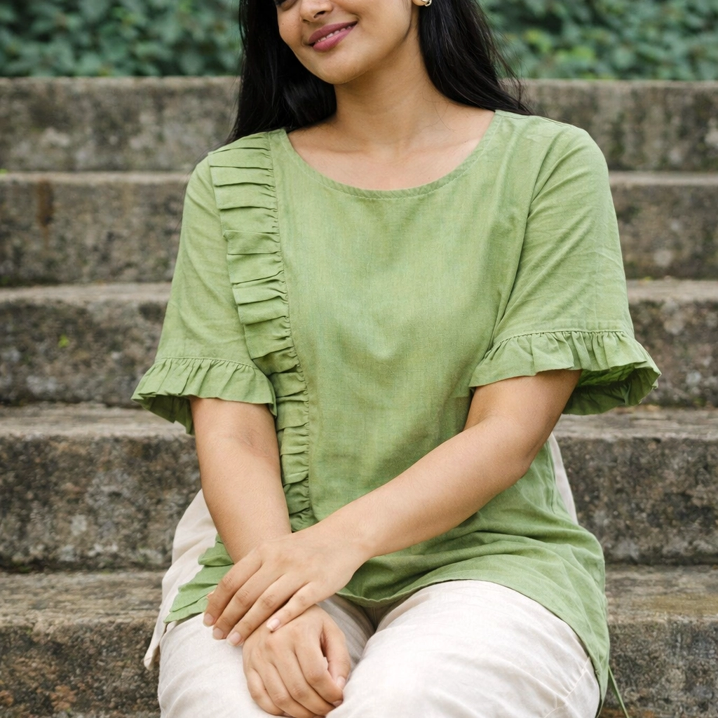 MOSS STORY -Side Frilled,Sleeves pleated Shallow Neck Top in Mint Green.