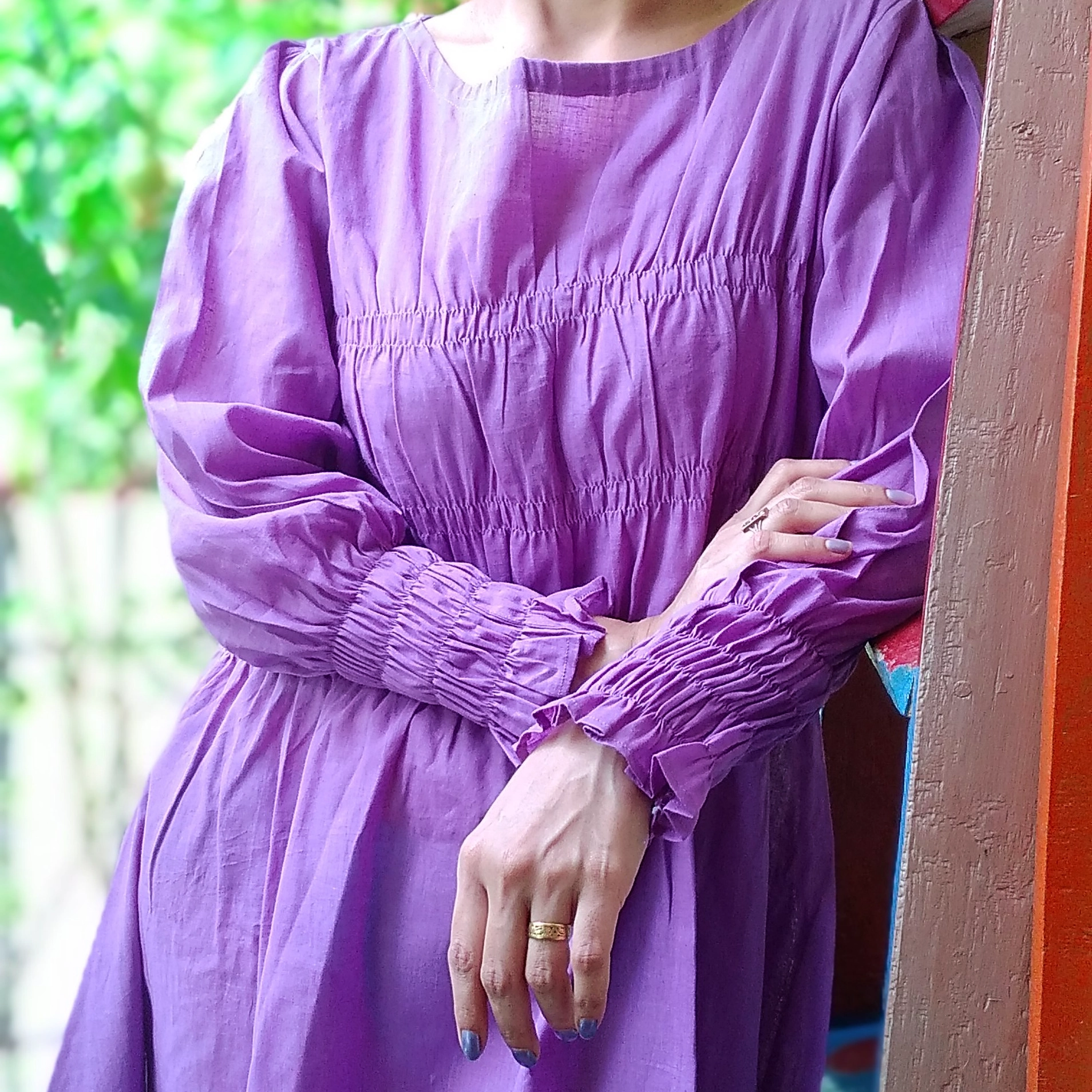 HIGH TIDES  ~ Ruffle round Neckline ruched Cuff full Sleeves flared bottom ankle Length Maxi Dress.