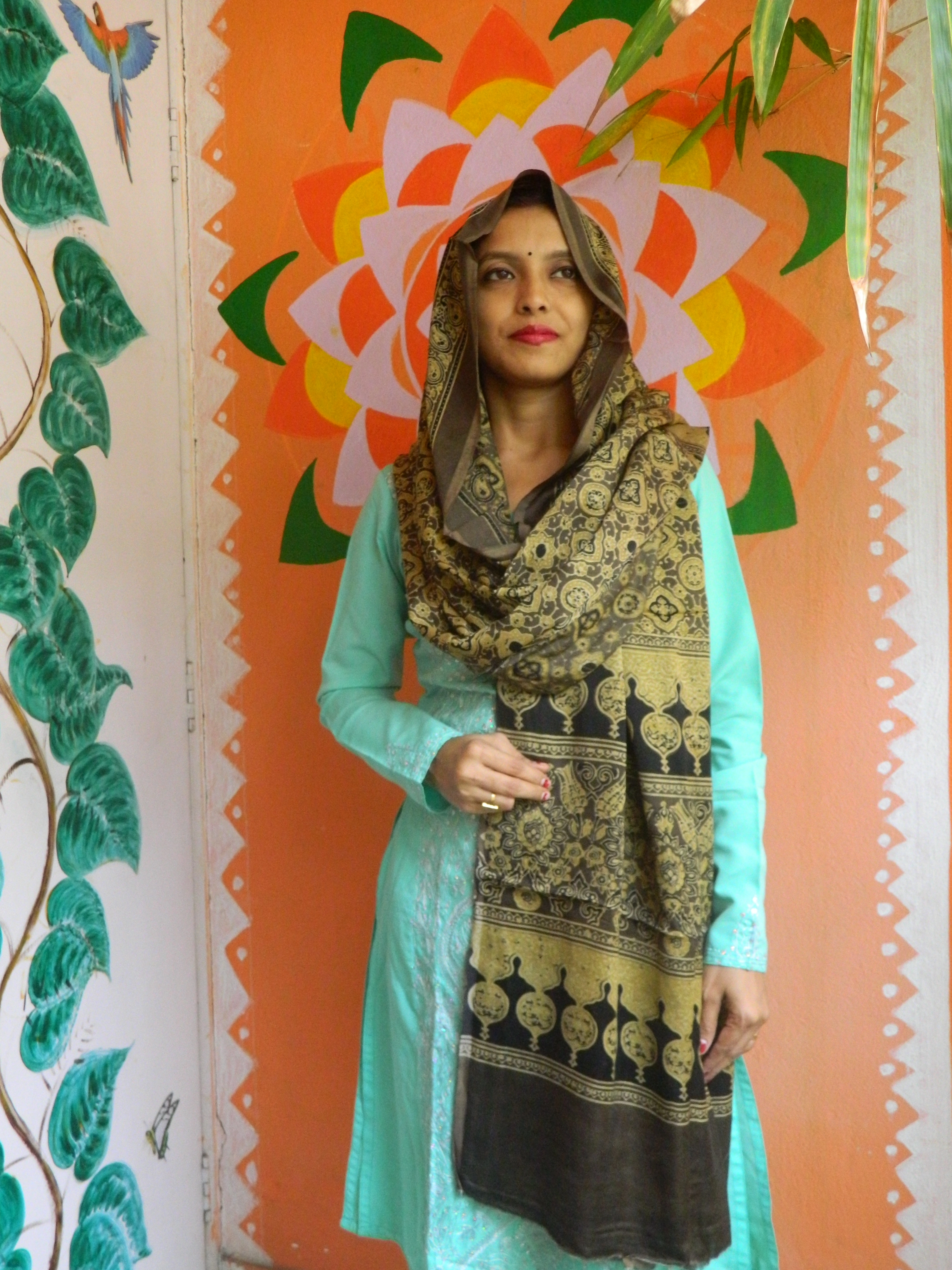 Shaujanya- Rust Brown & Black Ajrakh-printed Premium Modal Silk Dupatta --Sustainably Fashionable.
