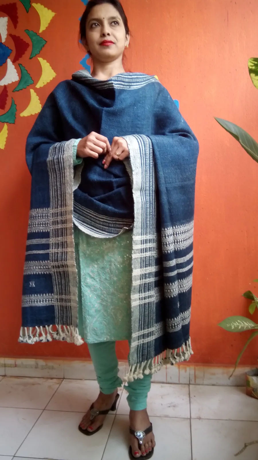 Deserts of Rann- Warmth of Desert. | Bhujodi Handwoven Desi Sheep Wool Shawl - Deep Indigo Blue.