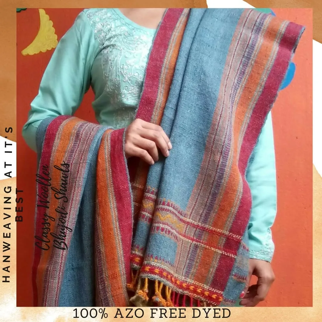 Mirage of Rann - Warmth of Desert.l Bhujodi Handwoven Desi Sheep Wool Shawl - Teal Blue