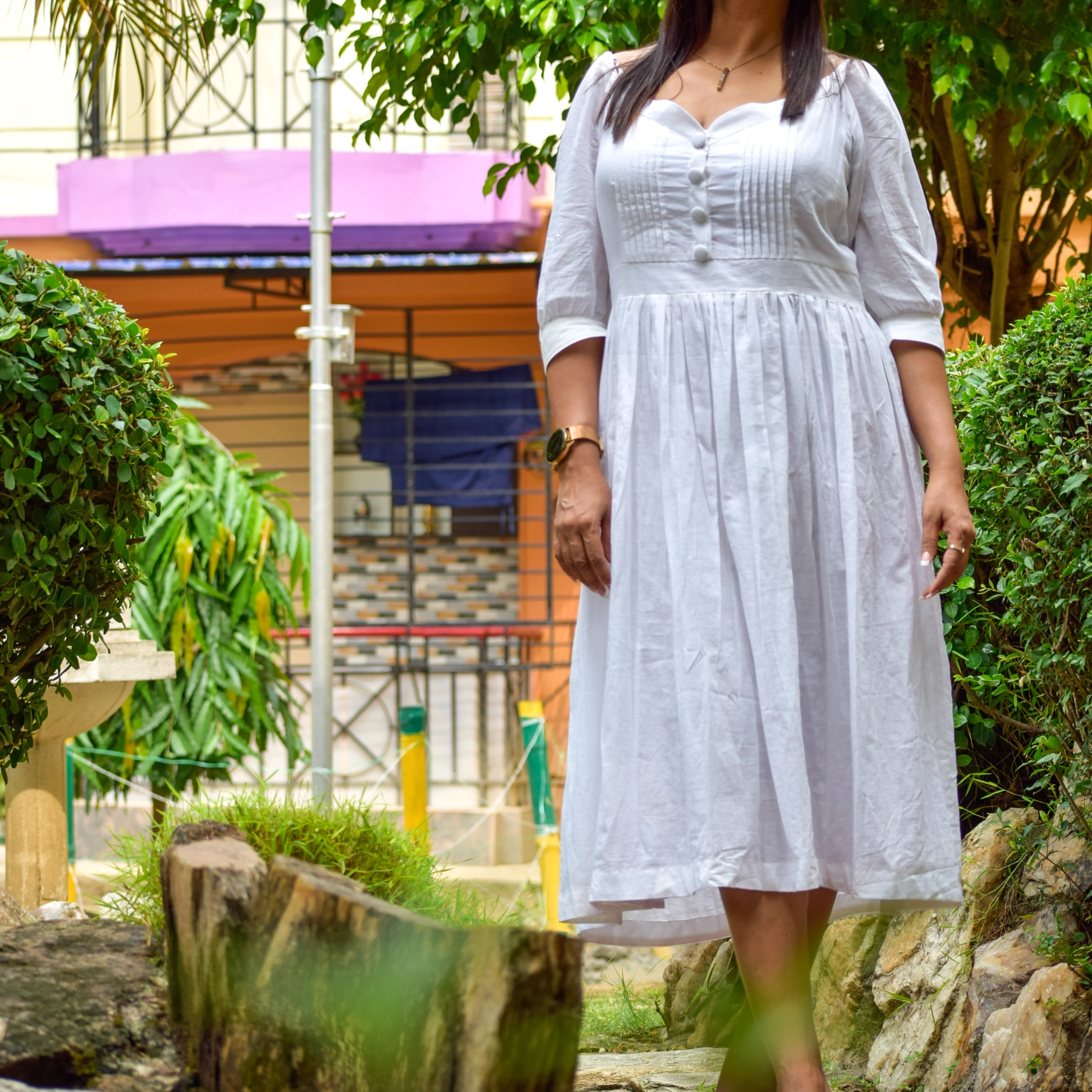PRISTINE ELEGANCE - SuperFine Muslin Cotton Handmade Summer Dress | Casual  A Line /Midi Dress For Summer | Semi Lantern Sleeves