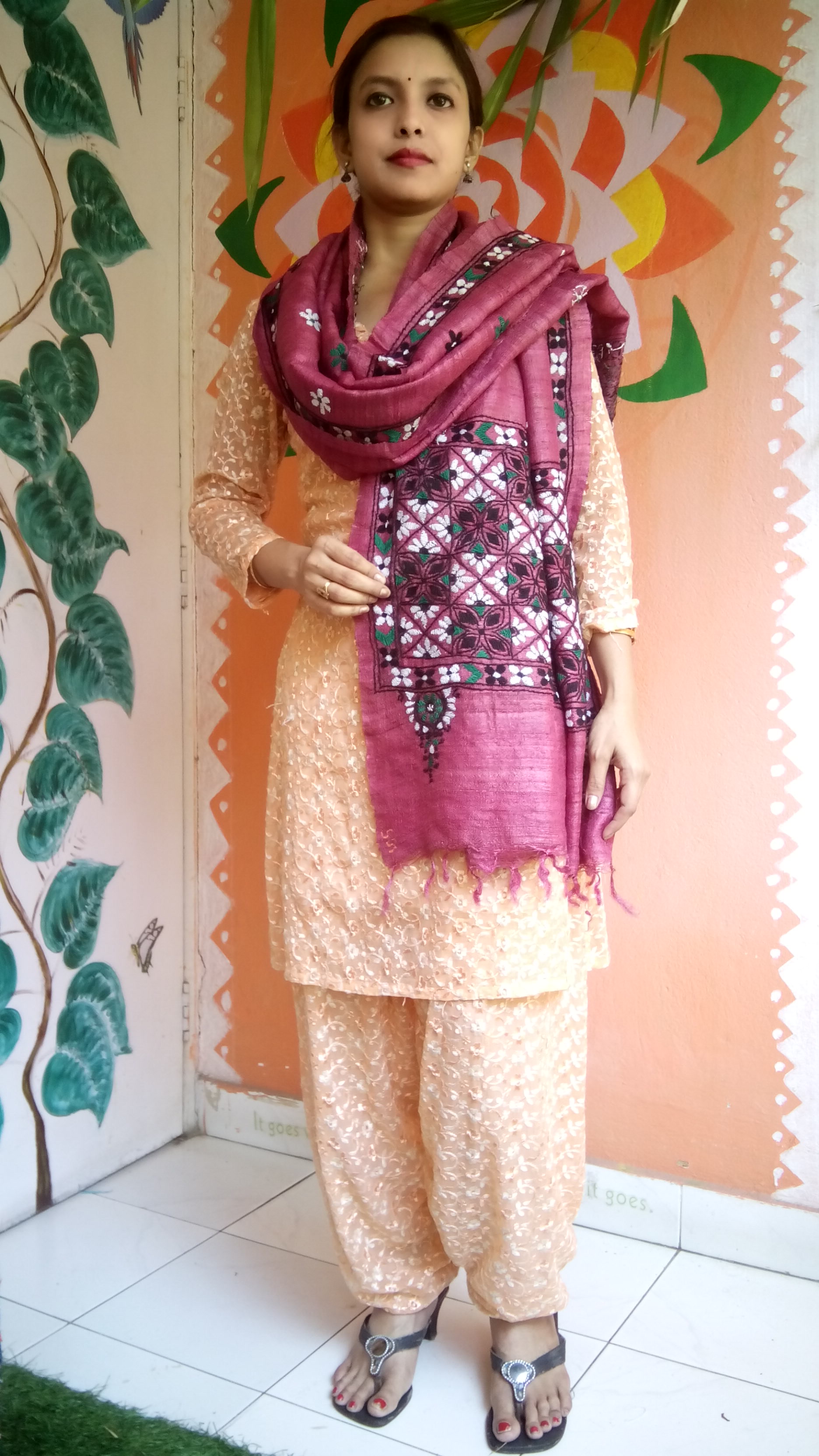 Mazentine Purple - Bengal Nakshi Kantha Embroidered Tussar Gicha Silk Handloom Duppatta.