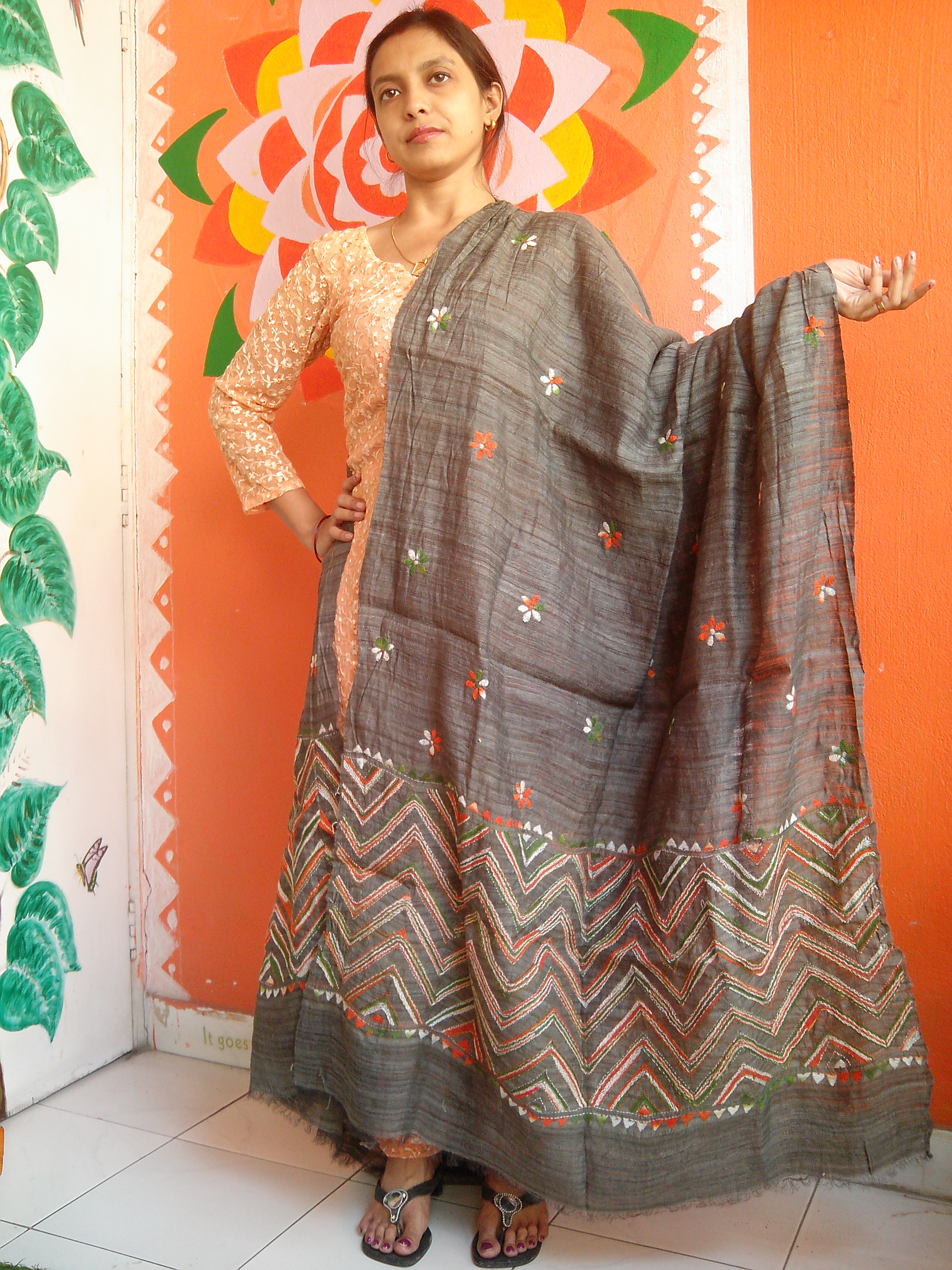 Graphite Grey - Bengal Nakshi Kantha Embroidered Tussar Gicha Silk Handloom Duppatta.
