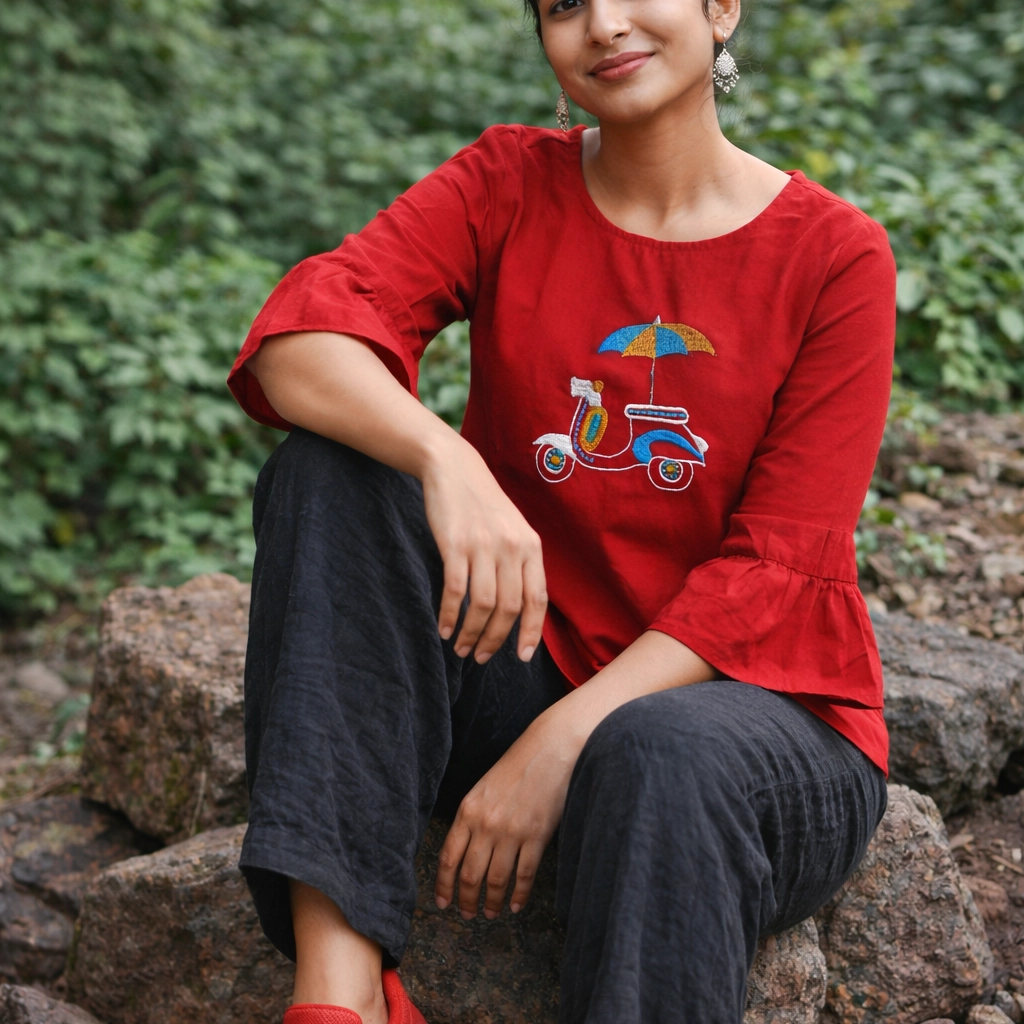SUNNY BLISS - Peplum Hem Fitted pleated V Neck Sleeveless Top in Haze Red.