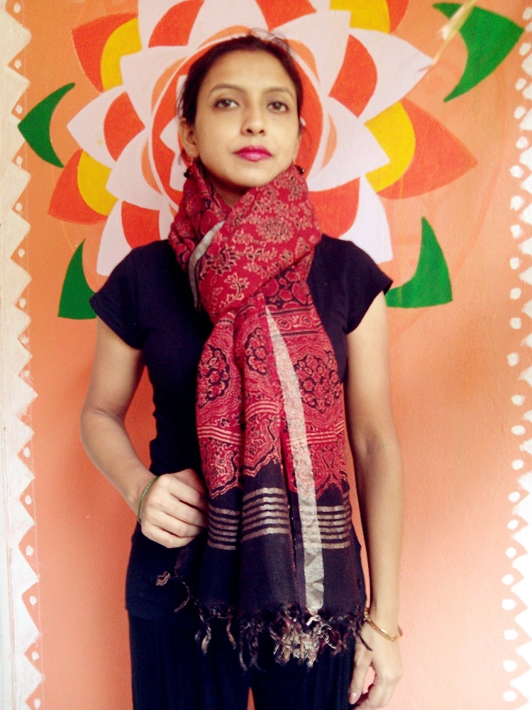 Gulshaan -Muze Red Ajrakh-printed Linen Dupatta With Zari Border --Your Must have Accessory.