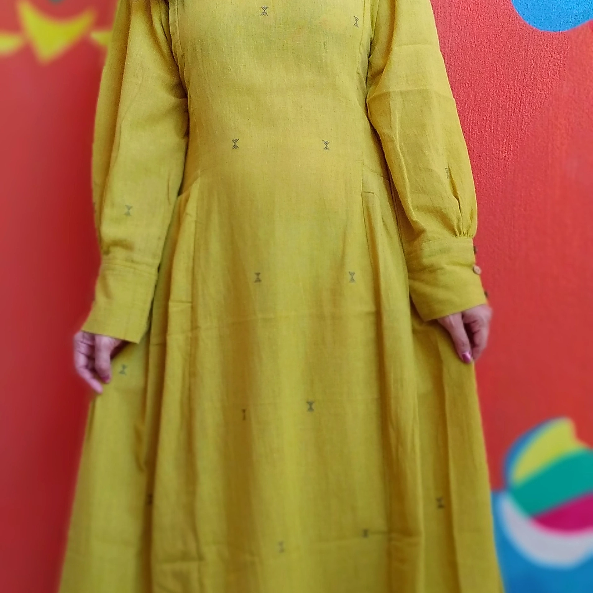 MONOLOGUE - Chrome Yellow -Pleated Round-Neck ,long Sleeved,Fit & Flare Dress