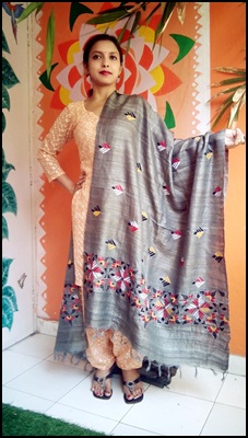 Steel Grey - Bengal Nakshi Kantha Embroidered Tussar Gicha Silk Handloom Duppatta.