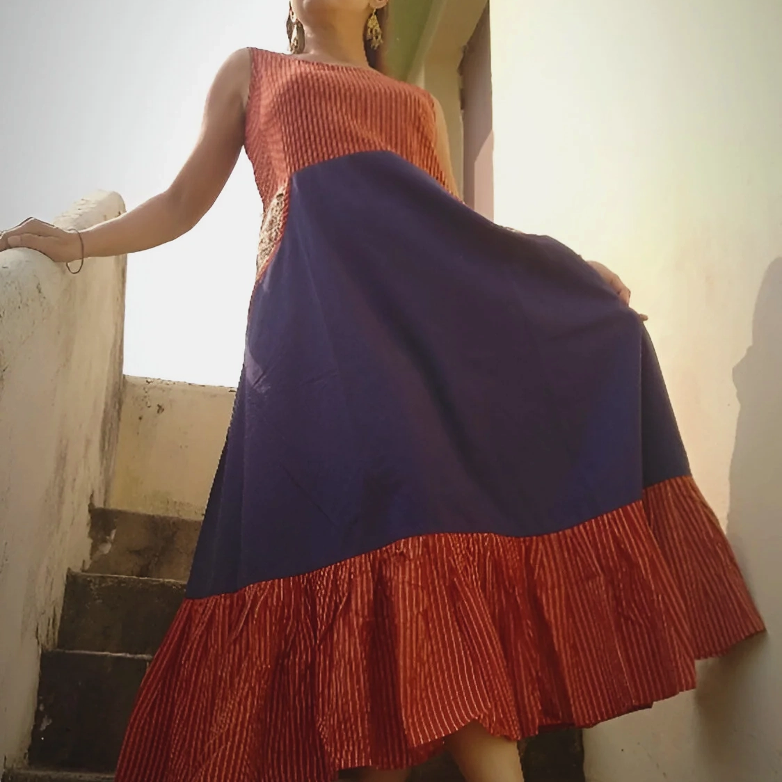 ZARANJ- Slim fit, Sleeveless One-Piece Free Flow Frilled A Line Dress with side pockets and round Neck