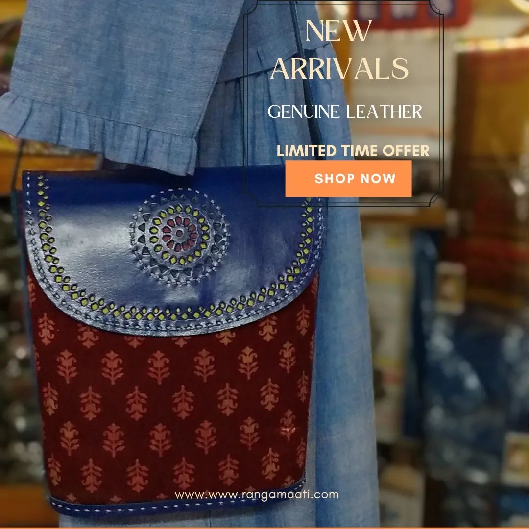 Stitched Elegance - Handcrafted Ajrakh Mashru Silk & Cruelty Free Leather Sling Bag