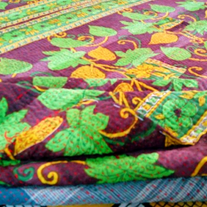 EARTH SONG - Reversible Double Sided Floral Pattern Hand Stitched Kantha Quilt-[4 Layers]