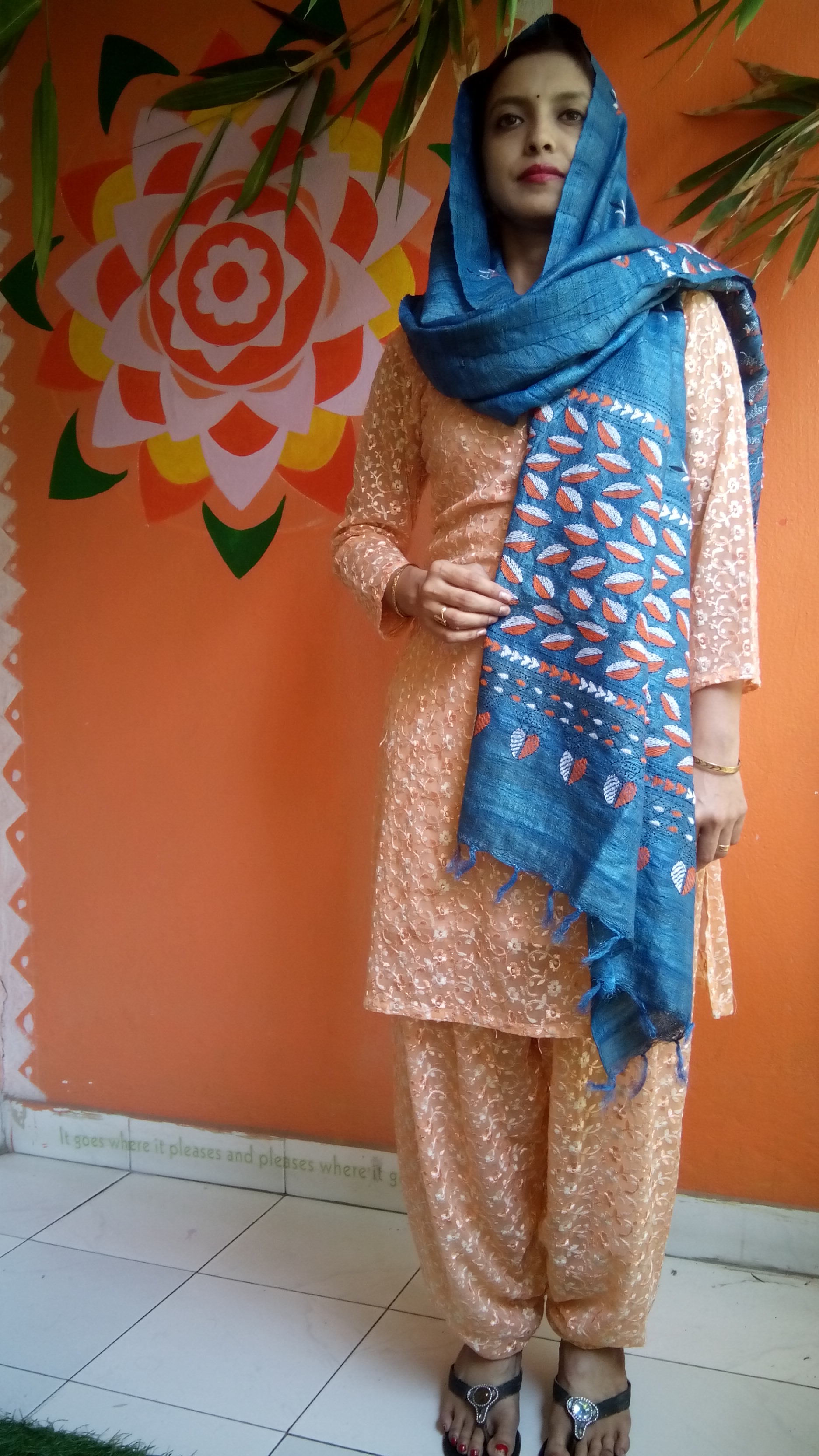Sulphate Blue - Bengal Nakshi Kantha Embroidered Tussar Gicha Silk Handloom Duppatta.