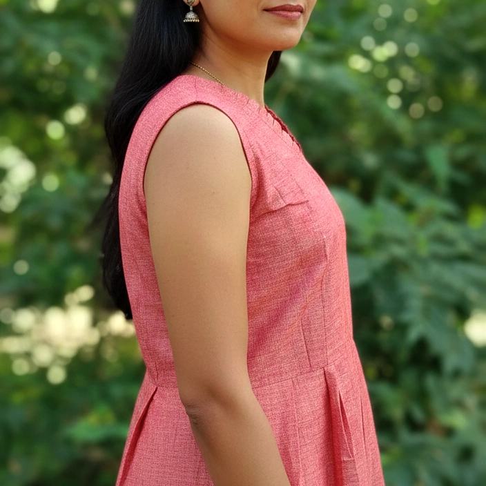SUNNY BLISS - Peplum Hem Fitted pleated V Neck Sleeveless Top in Haze Red.