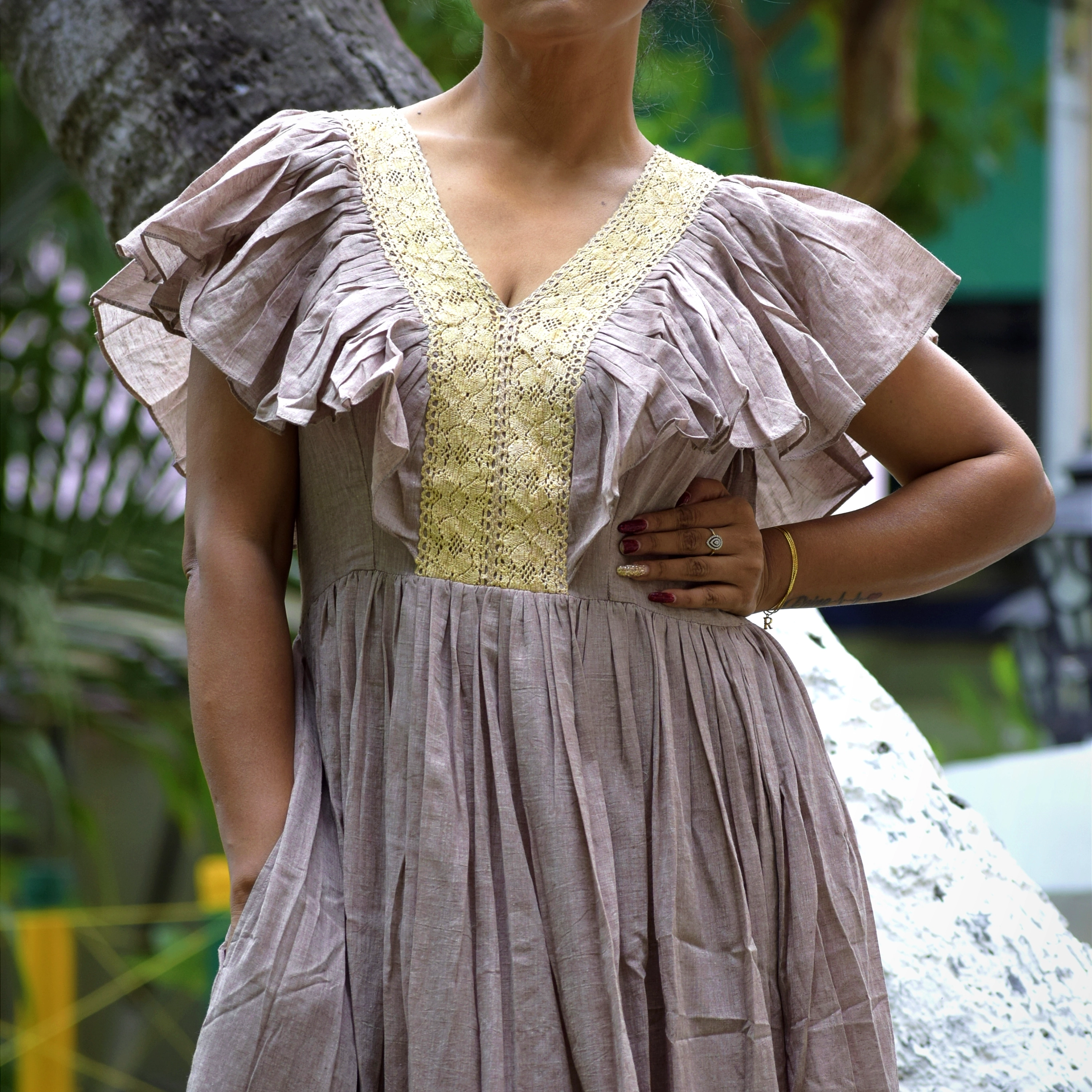 SANTORINI - Solid Ruffled Blouson Midi Dress with V Neck & Short Flutter Sleeves.