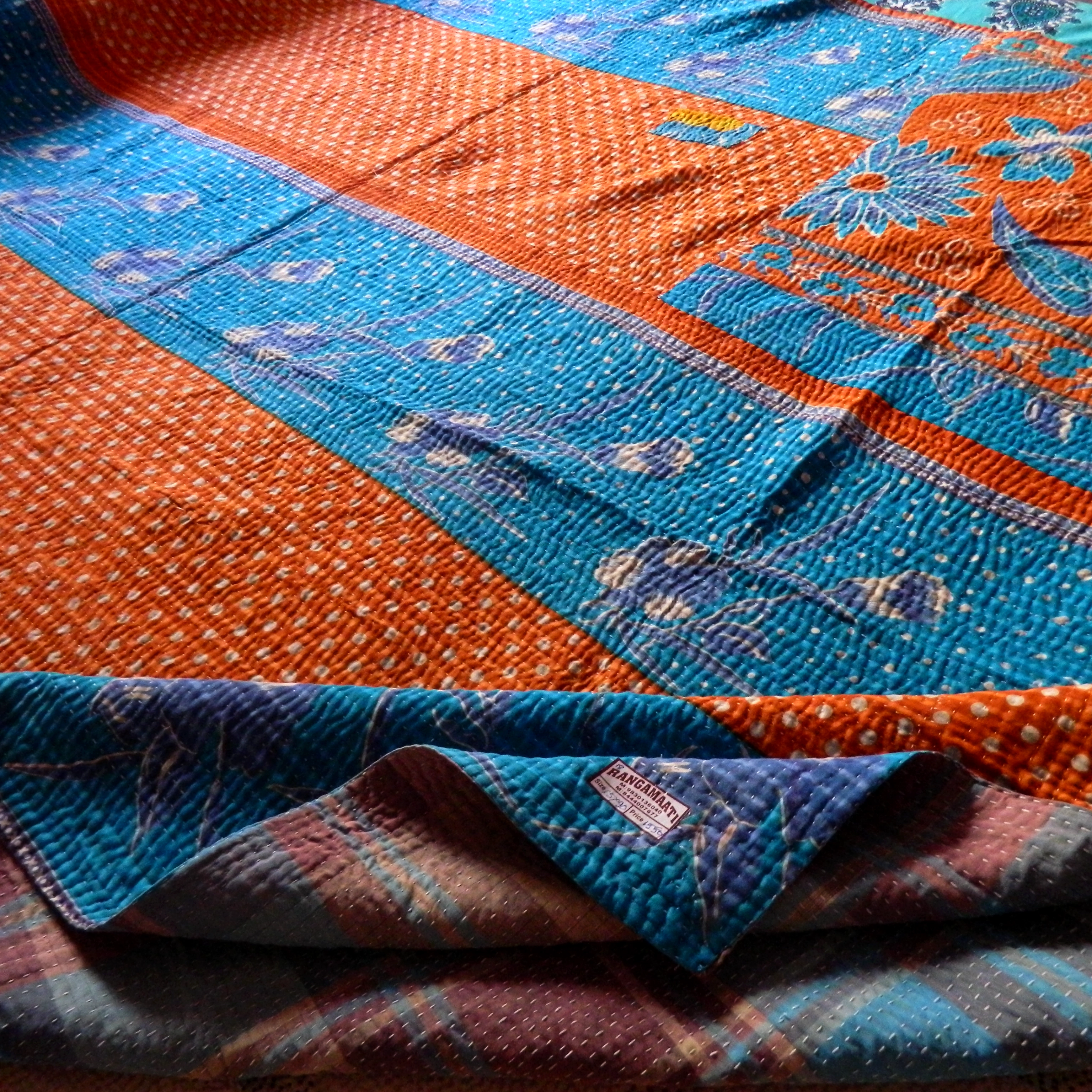 STITCHED LOVE  - Double sided Floral Pattern Hand Stitch Kantha Quilt -[4 layers]