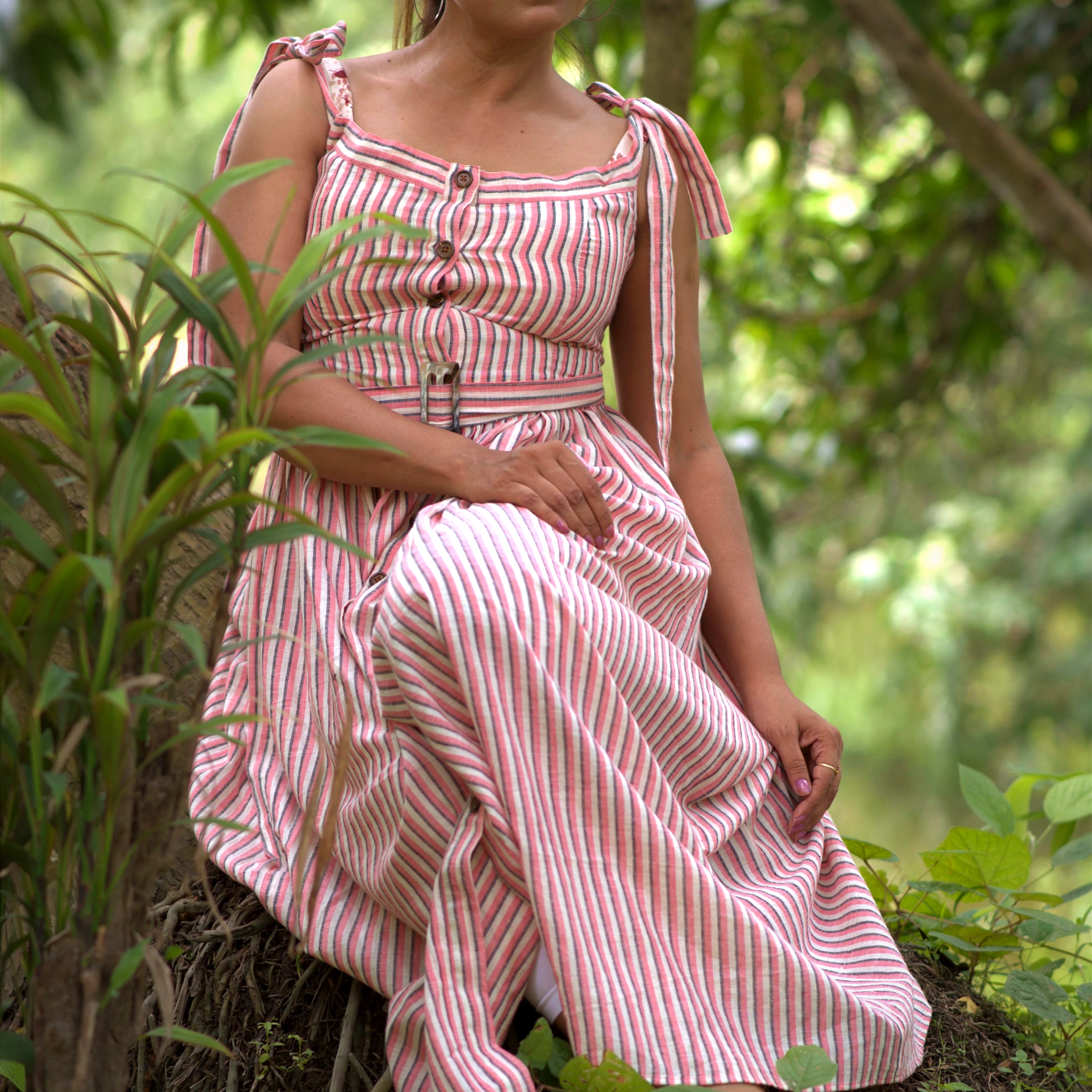 AMARA'S GRACE~Striped Sleeveless Dress with Belted Waist, Shoulder Tie Ups Casual Party Wear .