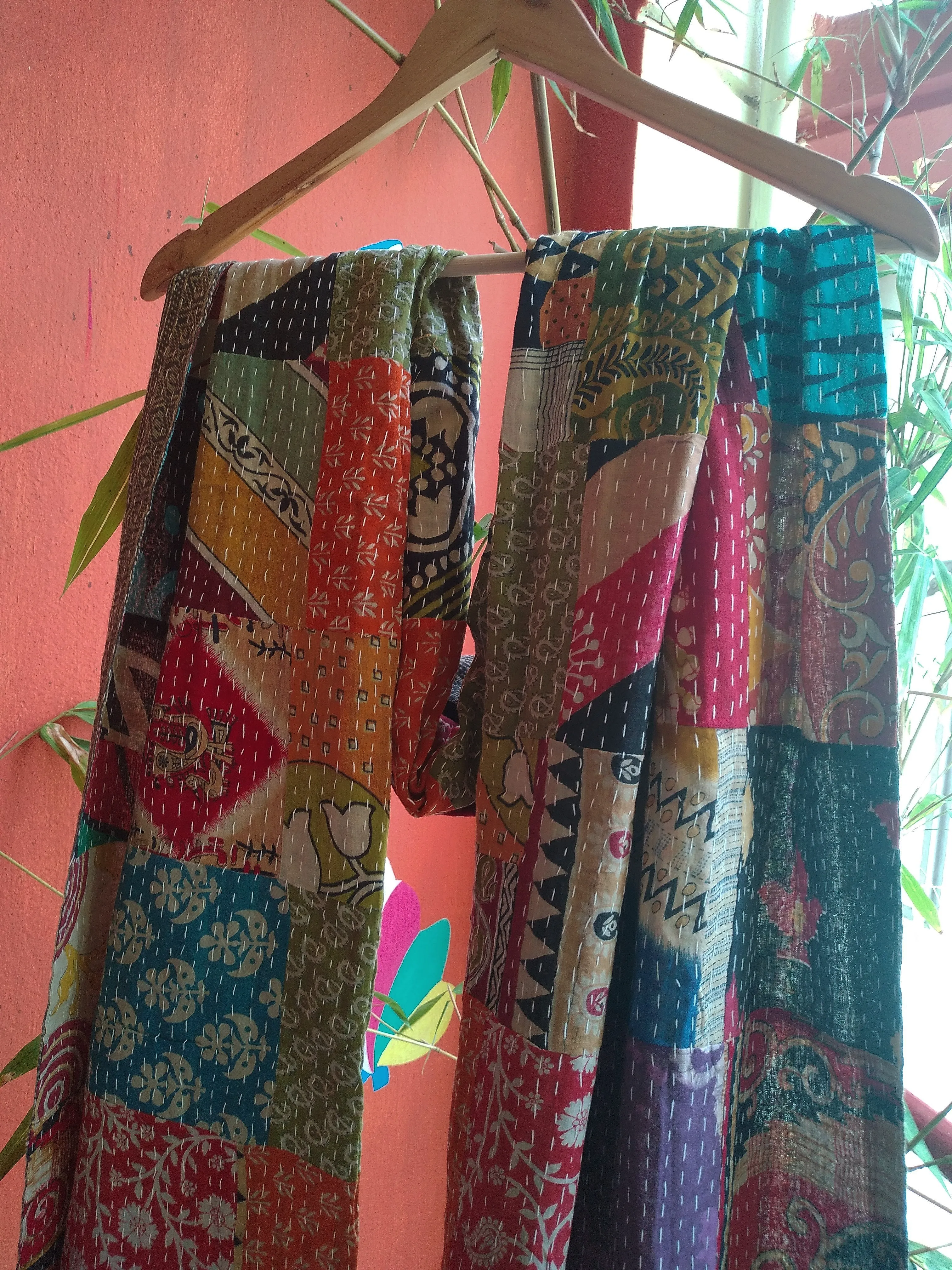 Medley - Reversible Patchwork Pattern Kantha Stitch Hand Embroidered Cotton Duppatta.
