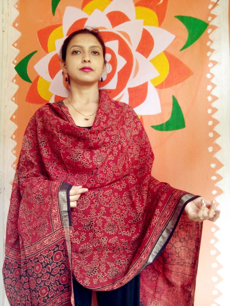 Gulshaan -Muze Red Ajrakh-printed Linen Dupatta With Zari Border --Your Must have Accessory.