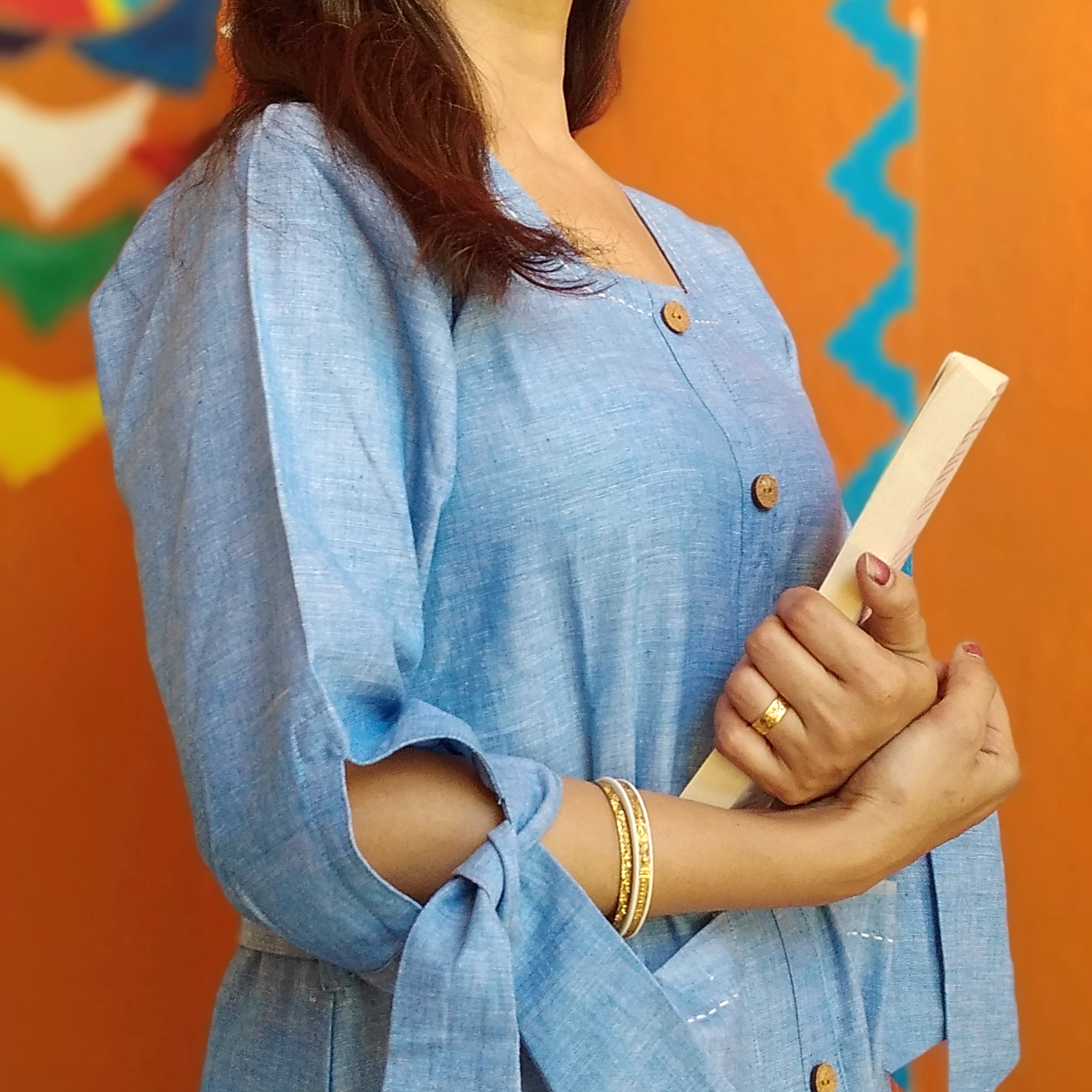 CRYSTAL- Tie Knot 3 Quater Sleeves Flared Belted Summer Cotton Designer wear.