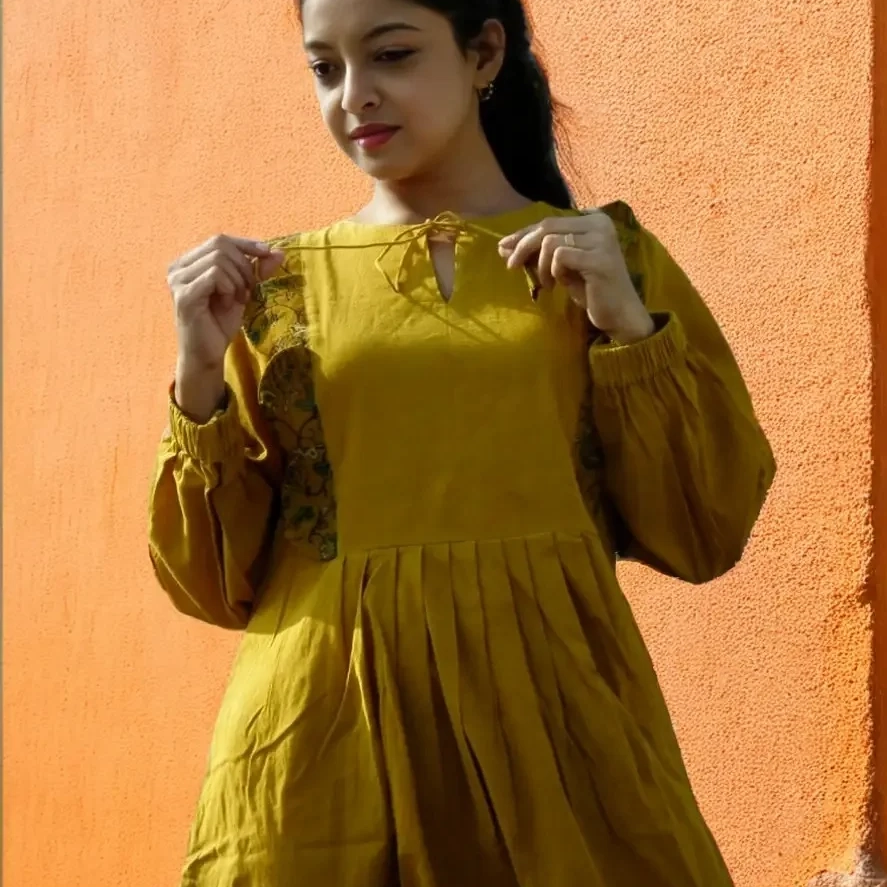 MYKONOS -Smart fit,lantern Sleeves Chrome Yellow Cotton Ajrakh Printed Dress with round Stringed Neck, perfect for a beautiful vacation.